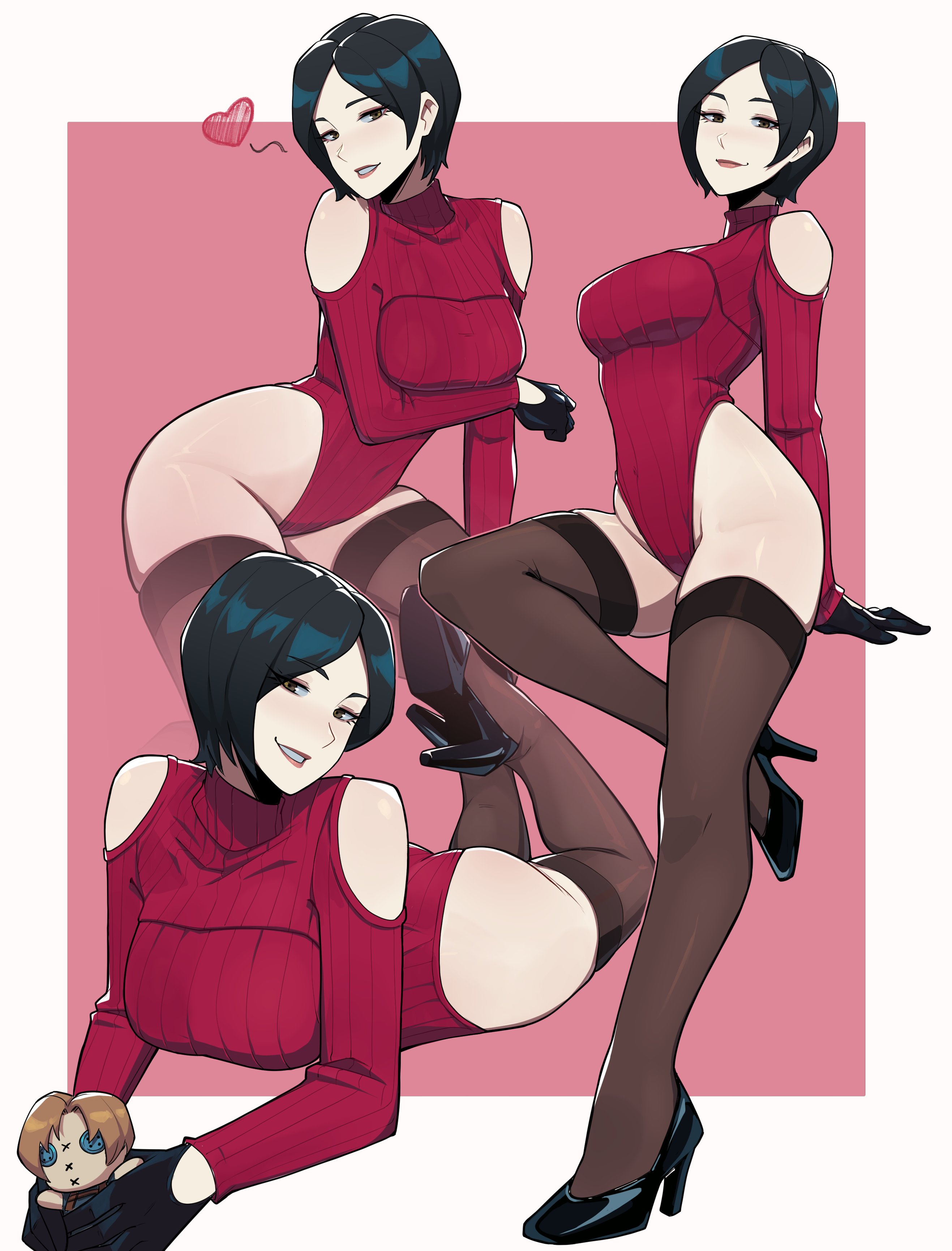 1girls, ada wong, ada wong (adriana), aneurysm.ax, bare shoulders, black gloves, black hair, brown eyes, capcom, female, female only, gloves, heart, heels, high heels, leotard sweater, looking at viewer, multiple views, narrowed eyes, resident evil, resident evil 4, resident evil 4 remake, smiling, smiling at viewer, solo, stockings, sweater, teeth showing, very high resolution