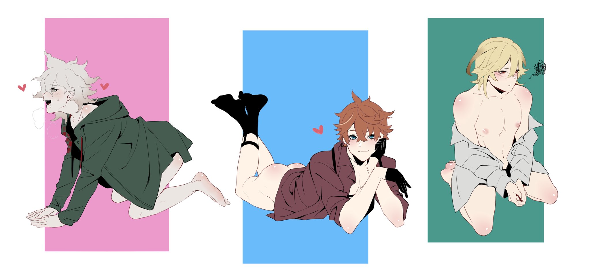 2023, 3boys, ass, blush, bodily fluids, bottomless, childe (genshin impact), crossover, danganronpa, danganronpa 2: goodbye despair, drooling, genshin impact, glistening, glistening butt, group, half-closed eyes, heart, heart symbol, human, human only, kaveh (genshin impact), lying, lying on stomach, male, male only, nagito komaeda, narrowed eyes, nipples, open mouth, open smile, saliva, simple background, smile, spread legs, spreading, sushisalmon95, sweat, tartaglia (genshin impact), teeth, trio
