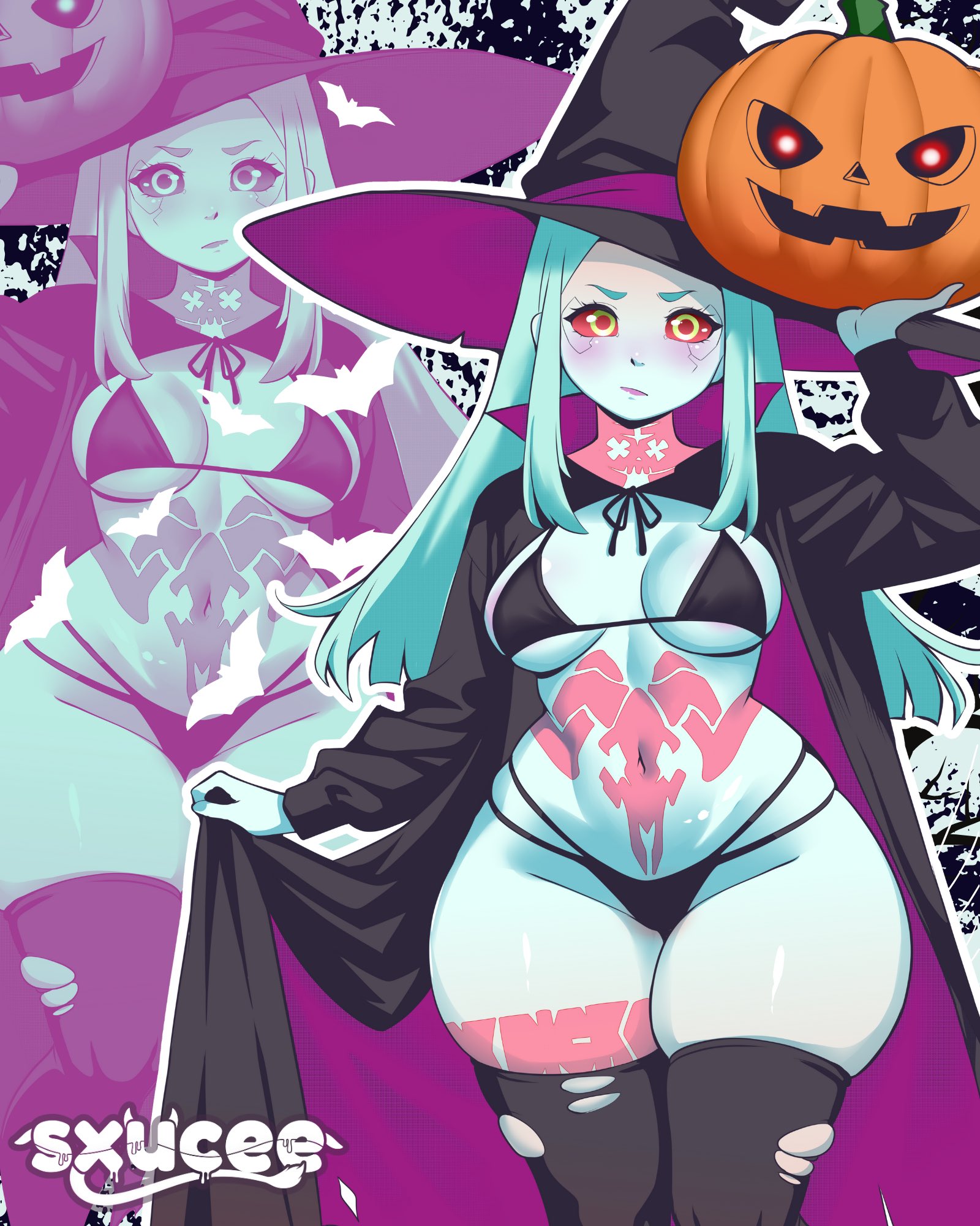 1girls, big breasts, blush, breasts, clothing, cyan skin, cyberpunk 2077, cyberpunk: edgerunners, eyebrows, female, female only, green eyes, hair ornament, huge breasts, human, jacket, long hair, outerwear, pale skin, purple background, purple hair, purple theme, rebecca (edgerunners), ripped thighhighs, simple background, sxucee, thighhighs, witch costume, witch hat