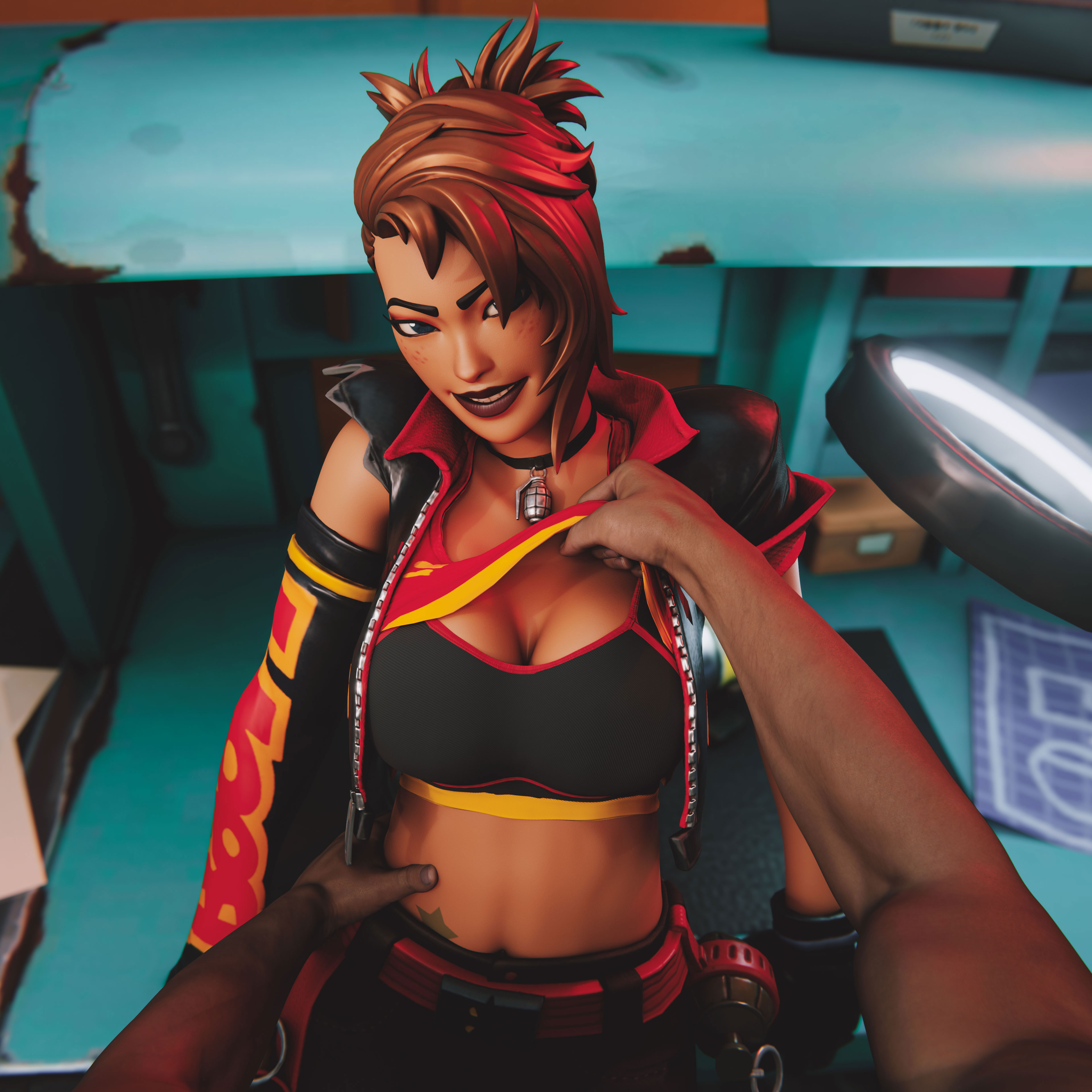 1boy, 1girls, 3d, big breasts, breasts, cleavage, dynamo tntina (fortnite), female, fortnite, freckles, looking at viewer, macklesternsfw, male, shirt lift, smiling, smiling at viewer, sports bra, tntina