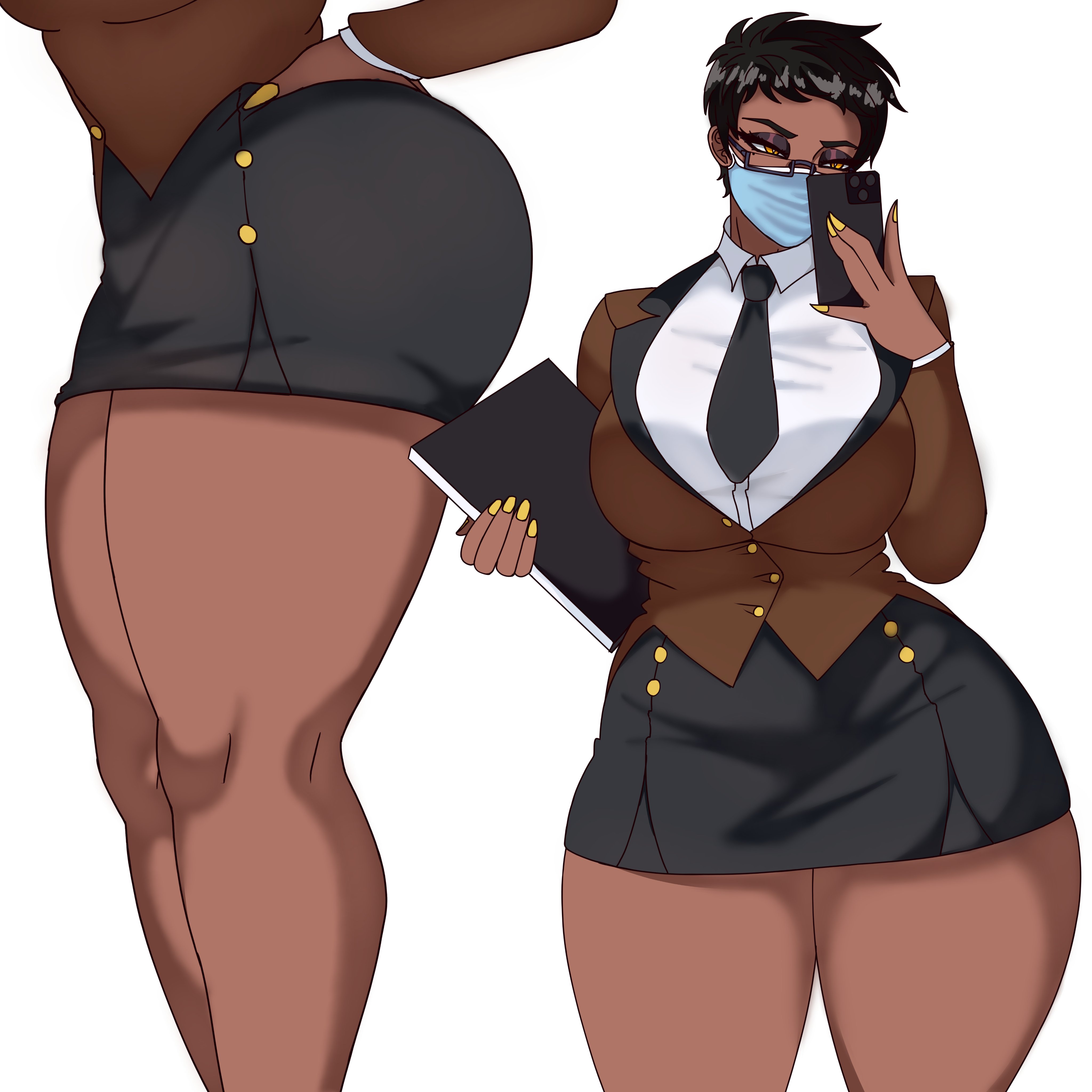big ass, big breasts, black hair, demon dog, glasses, huge ass, masked female, original character, short hair