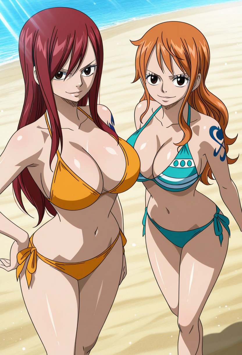 2girls ai_generated beach bikini blue_bikini breast clothing crossover erza_scarlet fairy_tail female female_only hands_on_hips large_breasts looking_at_viewer nami nami_(one_piece) one_piece sand seductive_smile sexy sexy_pose smile standing tattoo yellow_bikini