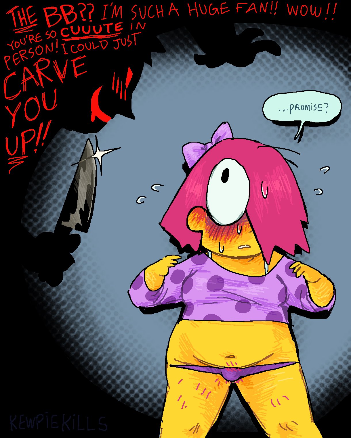 anthology_of_the_killer bb_(of_the_killer) hairy_legs kewpiekills knife of_the_killer of_the_killer_(series) panties scared_expression sweating tagme tagme_(artist) text text_bubble visible_underwear