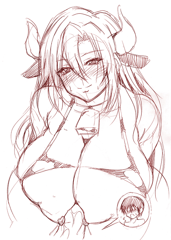 1boy animal_ears bell bikini_top breasts collar cow_ears cow_girl cow_horns female horns huge_breasts long_hair male monochrome paizuri penis roshiman simple_background sketch straight uncensored white_background