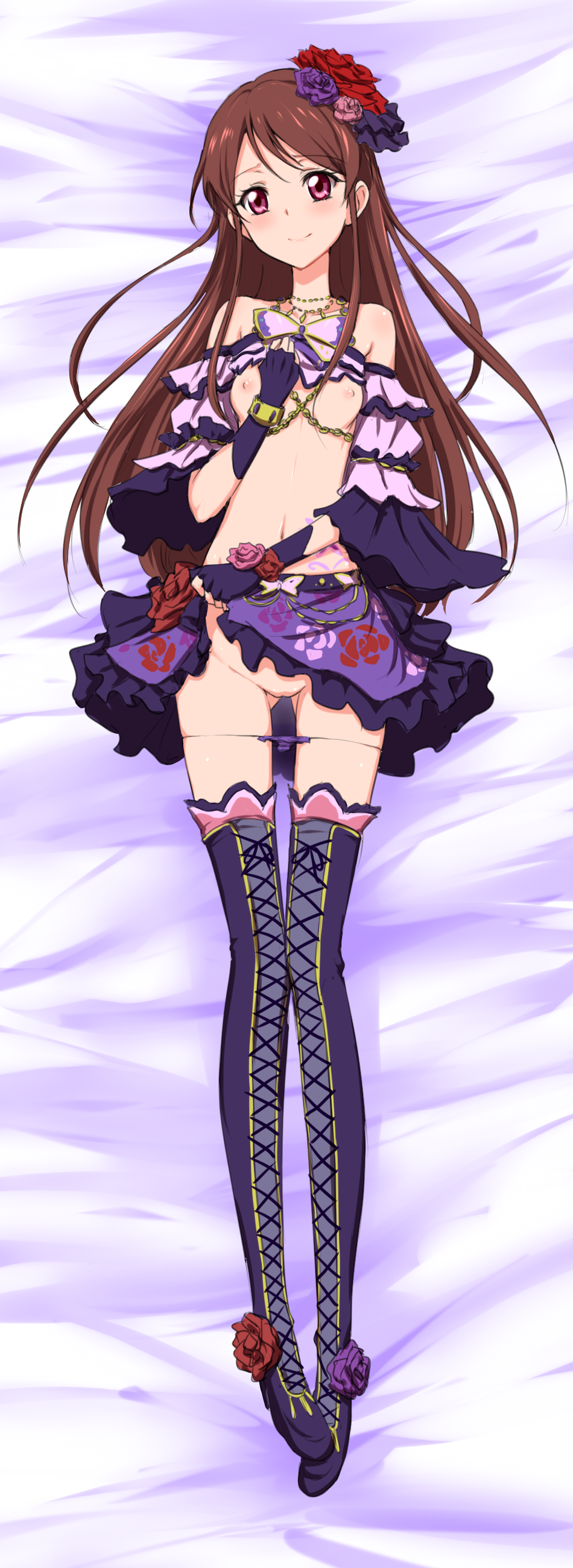 aikatsu! bare_shoulders bed_sheet blush boots breasts brown_hair clearite dakimakura_design female fingerless_gloves flower gloves hair_ornament high_resolution long_hair looking_at_viewer lying navel nipples on_back panties panty_pull pussy red_eyes shibuki_ran shirt_lift skirt skirt_lift small_breasts smile solo thigh_boots thigh_gap thighhighs uncensored underwear