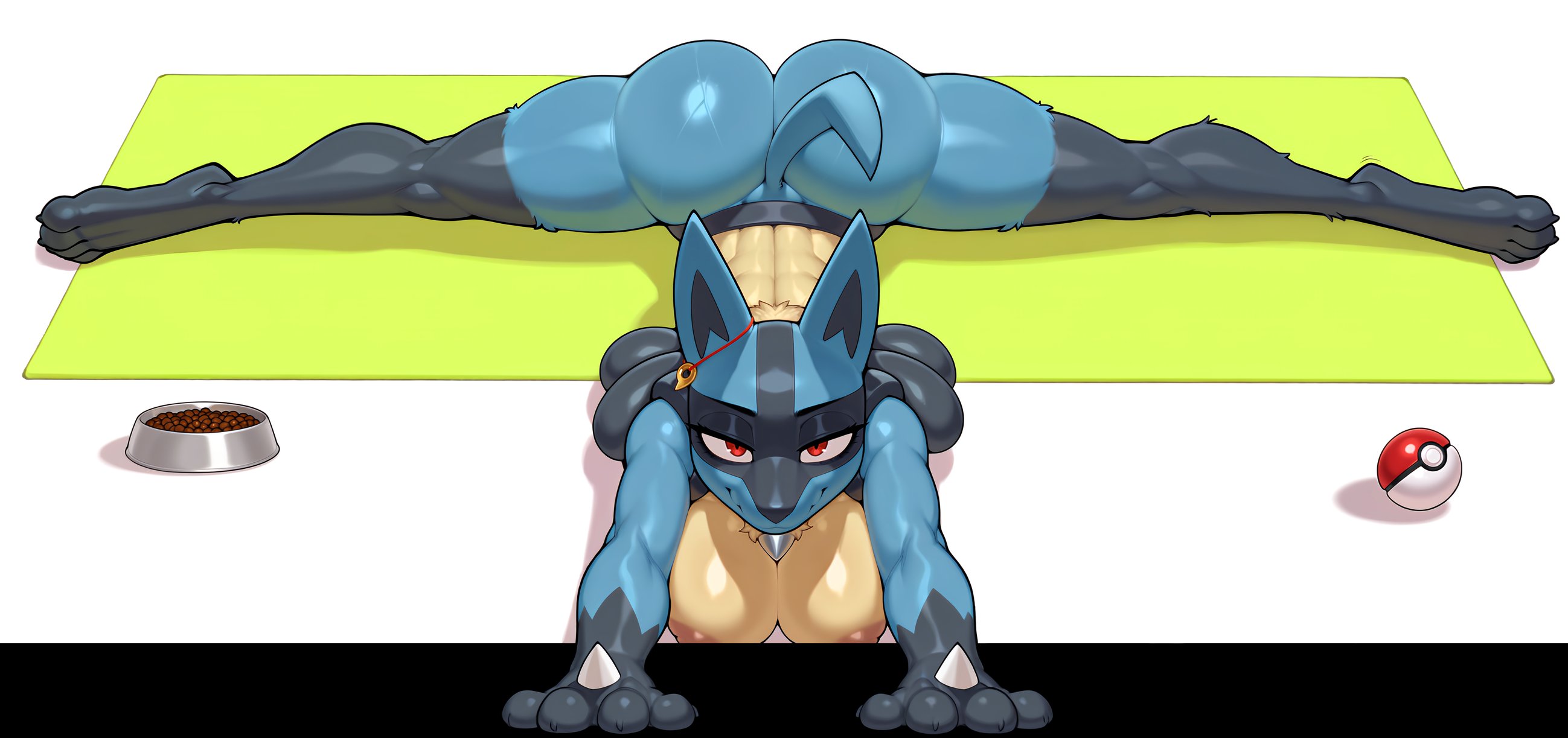 1girl, 2d, animal ears, animal humanoid, anthro, anthro only, big breasts, blue fur, breasts, digital media, female, female lucario, female only, full body, furry, large breasts, looking at viewer, lucario, pokemon, pokemon (species), solo, split, splits, spread legs, wheel of fortune (artist)