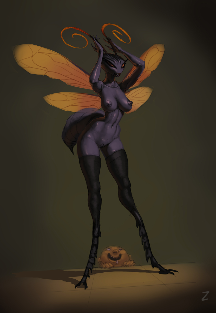 abdomen antennae anthro arthropod breasts drooling female furry human insect male male_human/female_anthro nude pussy saliva stinger stockings tarantula_hawk_wasp wasp wide_hips wings zaggatar