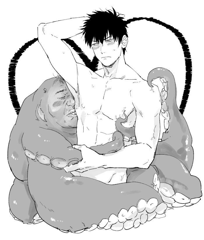 2boys arm_up armpit blush embarrassed gay gintama groping hijikata_toshiro human ken_dog male male_only monochrome monster muscular muscular_male questionable_consent sweat tentacle tentacle_monster tentacle_on_male topless topless_male ugly_bastard what yaoi