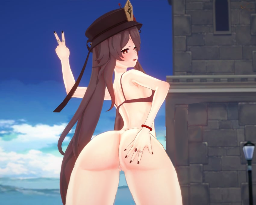 3d arched_back big_ass chinese edit genshin_impact hu_tao_(genshin_impact) prinmei seductive tounge_out