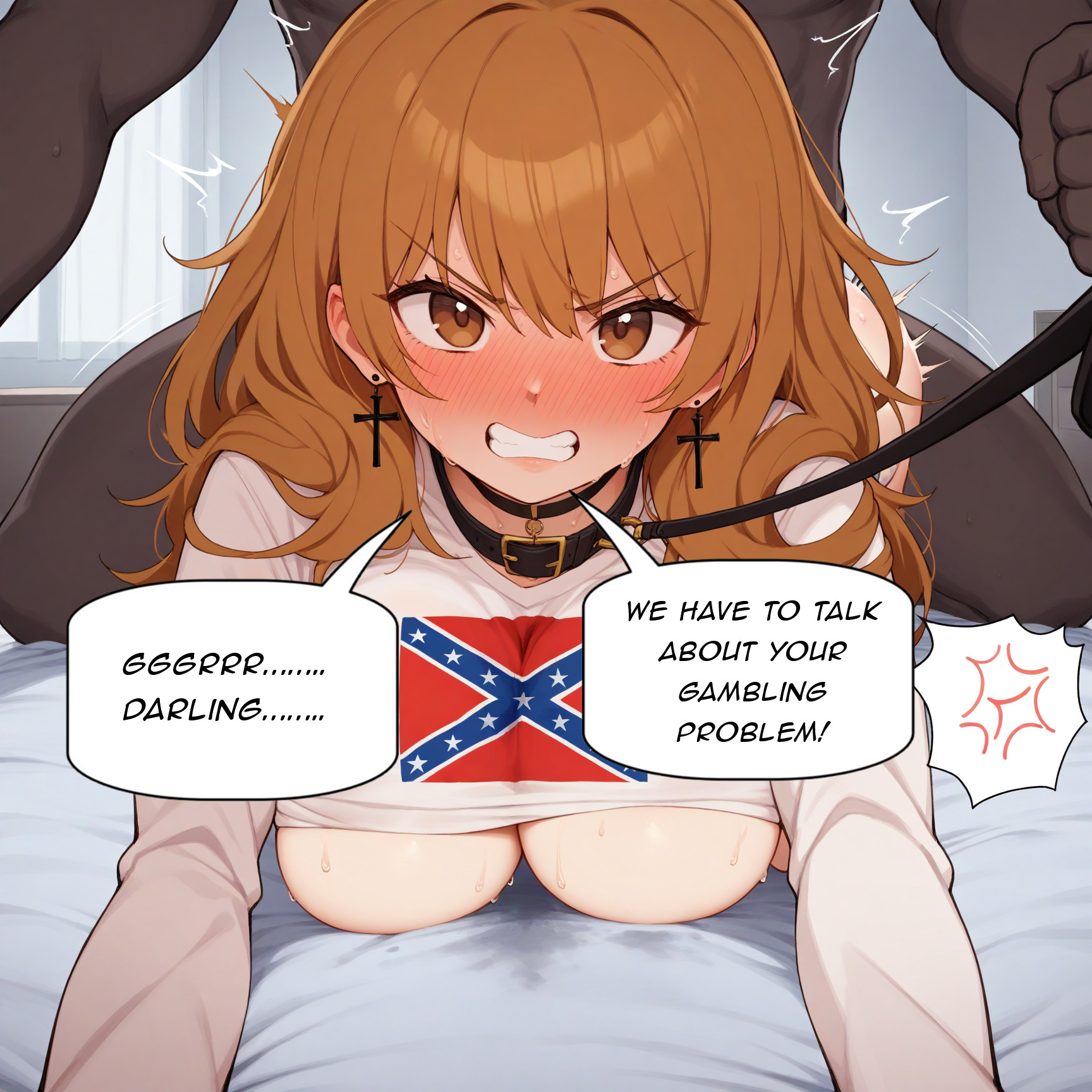 1girls, 2020s, 2025, 2d, ai generated, angry, angry expression, angry eyes, angry face, angry sex, bed, bedroom, bedroom sex, big breasts, black choker, breasts, breasts out, brown eyes, brown hair, clenched teeth, confederate flag shirt, confederate-chan, cross earrings, cuck, cuckold, cuckold pov, dark skin, dark-skinned male, dialogue, english text, female, forced, forced sex, full-face blush, holding leash, husband and wife, in heat, indoor, indoor sex, indoors, indoors sex, interracial, interracial sex, laying on bed, leash, light skin, light-skinned female, long hair, looking at viewer, male, male/female, movement lines, open mouth, original, original character, paying off debt, paying with sex, pussy, raceplay, racism, racist, racist woman, sex from behind, soldatnr444, speech bubble, sweat, sweating, text, underboob, v-shaped eyebrows, vagina, vaginal penetration, vaginal sex