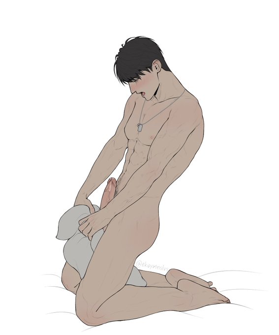 blush, blush lines, brown hair, caleb (love and deep space), cock, cum drip, cum dripping from penis, dick, dog tags, ekaymnslvs, happy trail, looking at penis, love and deep space, male, masturbation, moaning, necklace, open mouth, penis, pillow, pillow humping, solo male, twink