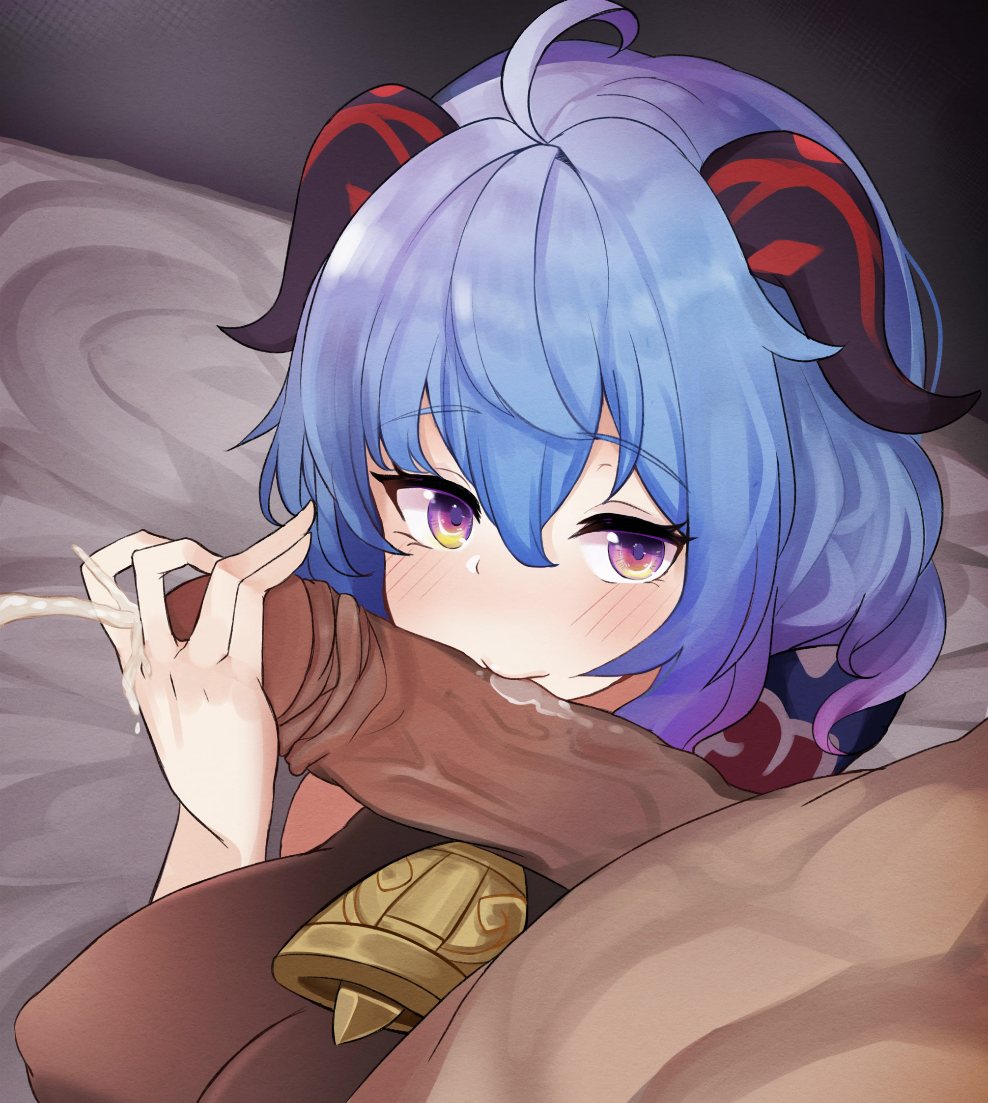 black collar, black gloves, black horns, black sleeves, black thighhighs, blue hair, breasts, breasts apart, collar, commentary, cowgirl position, dutch angle, east asian architecture, female, finesoda, ganyu (genshin impact), ganyu (twilight blossom) (genshin impact), genshin impact, gloves, goat horns, hair between eyes, handjob, highres, horns, large breasts, long hair, looking at viewer, navel, nipples, official alternate costume, open mouth, paid reward available, purple eyes, straight, thighhighs, very long hair
