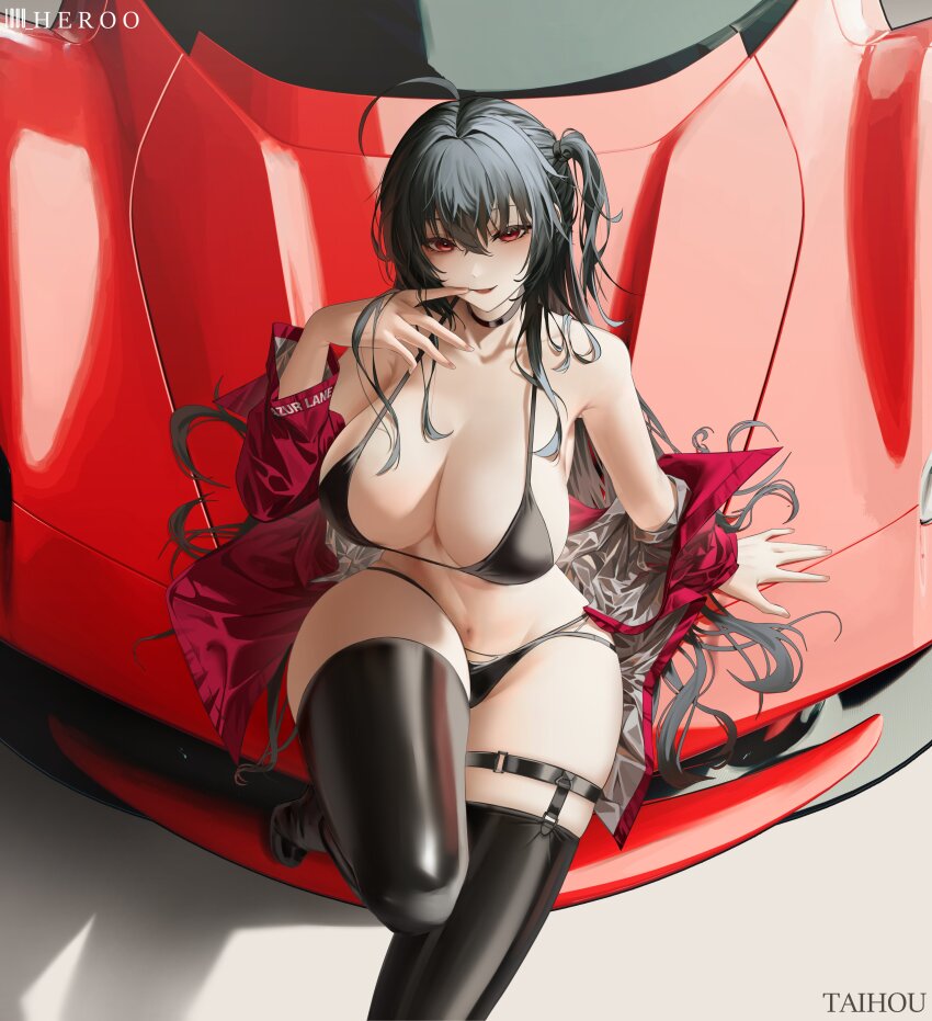 1girls azur_lane belly_button black_hair breasts car female female_only huge_breasts light-skinned_female light_skin on_car on_vehicle race_queen red_eyes sakura_empire_(azur_lane) solo tagme taihou_(azur_lane) taihou_(enraptured_companion)_(azur_lane) vehicle