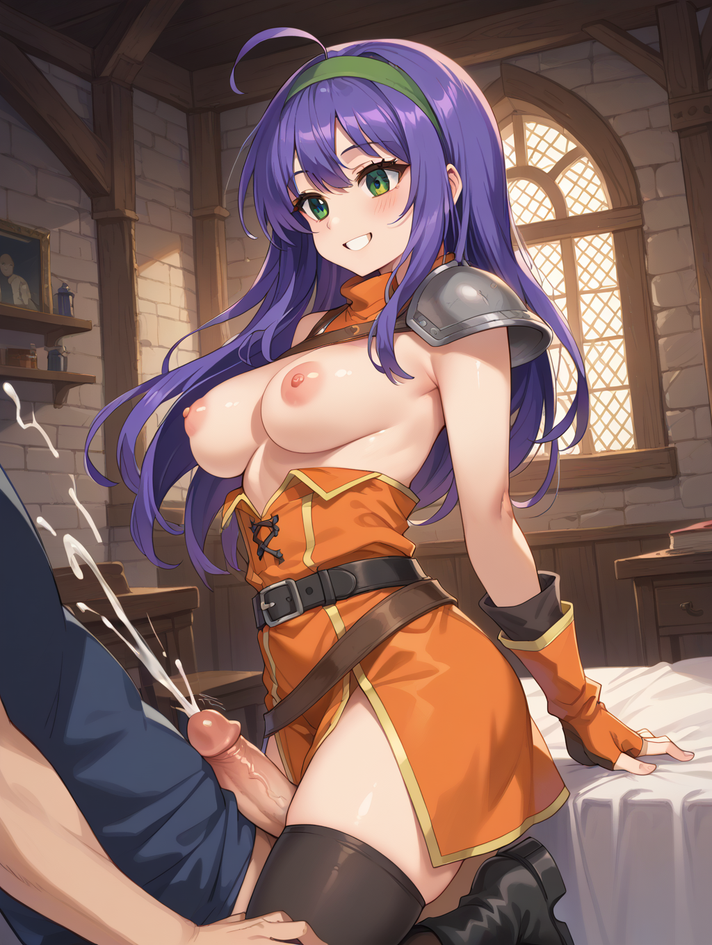 ai_generated blush clothed_sex cowgirl_position cum cumshot green_eyes grinding grinding_on_penis happy mia_(fire_emblem) orange_clothing purple_hair sexy thighs wife