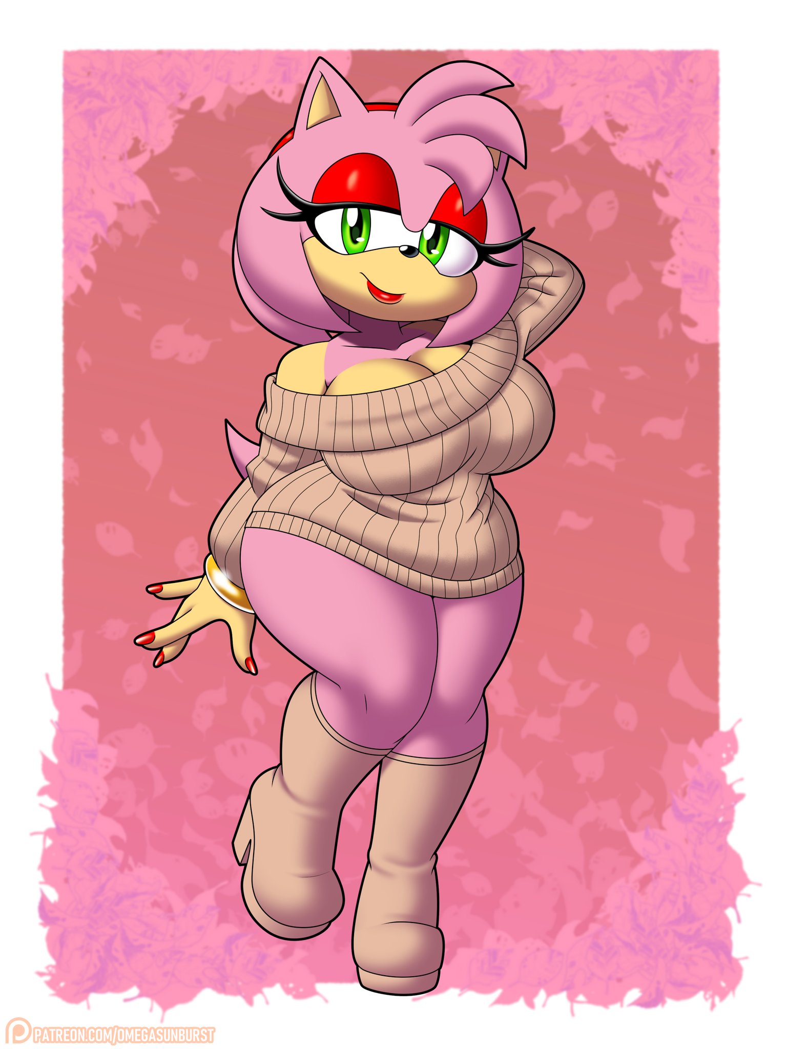 2d, 2d (artwork), 2d artwork, amy rose, ass, big breasts, boots, bracelets, breasts, eyelashes, female, half-closed eyes, high heels boots, huge breasts, omegasunburst, one arm behind head, pink fur, red eyeshadow, red lipstick, red nails, relaxed expression, sega, smiling at viewer, sonic (series), sonic the hedgehog (series), sweater, sweater only, thick ass, thick butt, thick hips, thick legs, thick lips, thick thighs, two-tone fur