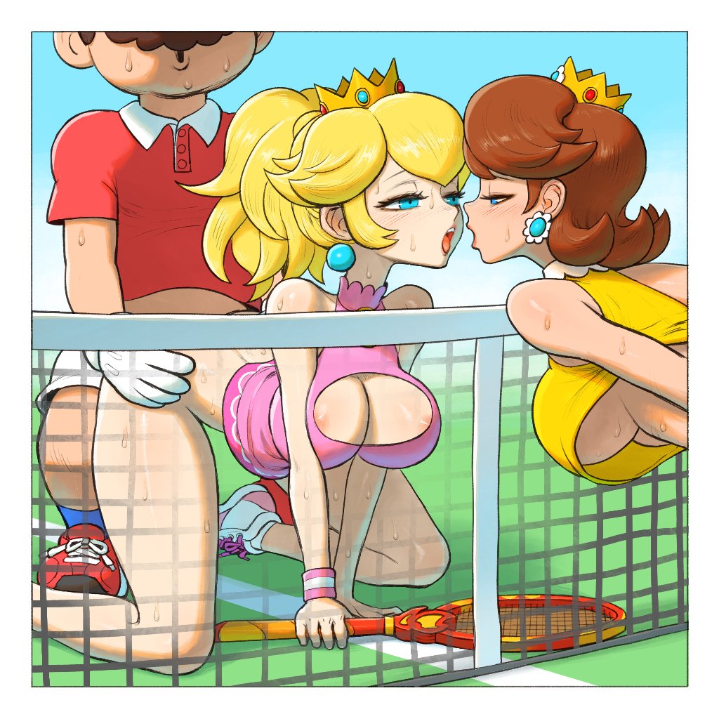 2boys, 2girls, all fours, areolae slip, bent over, big breasts, blonde hair, blue eyes, brown hair, busty, cleavage, doggy style, female, imminent kiss, large breasts, long hair, luigi, male, mario, mario (series), mario tennis, mario tennis: fever, moaning, nintendo, ponytail, princess daisy, princess peach, sex, sex from behind, short hair, sweat, tagme, underboob, vaginal, voluptuous