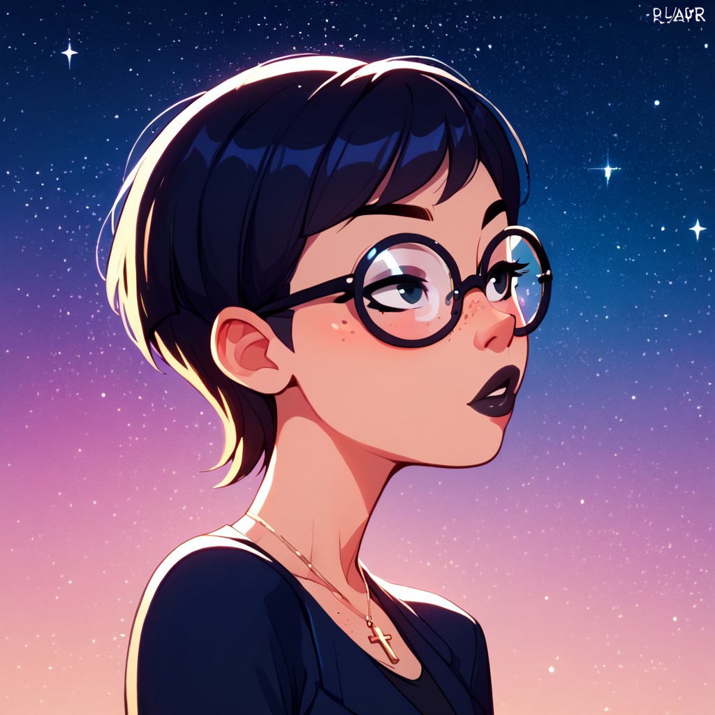 1girls ai_generated black_lipstick carmen_sandiego_(2019) carmen_sandiego_(franchise) cross_necklace female female_focus glasses goth goth_clothing goth_girl jewelry julia_argent julia_argent_(carmen_sandiego) lipstick necklace night night_background night_sky night_time safe_for_work sfw short_hair solo solo_female solo_focus zupern0va_(manipper)