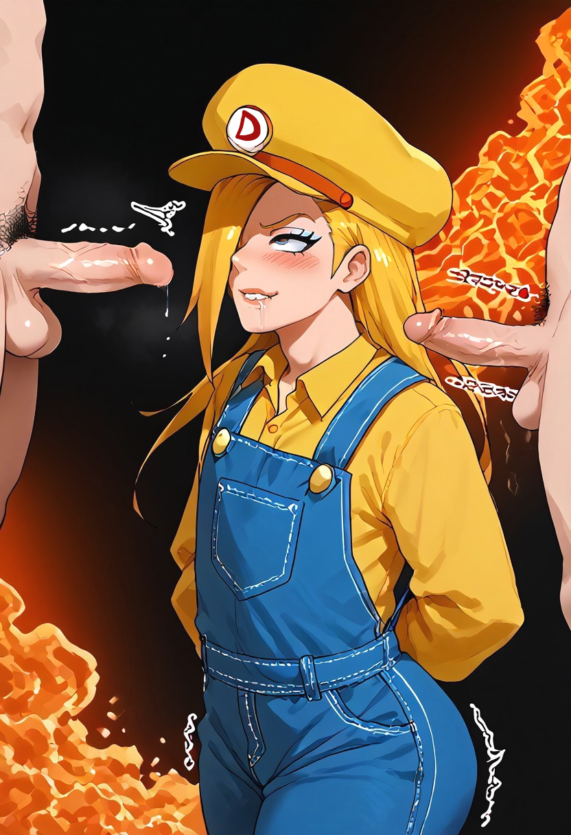 1boy ai_generated blonde_hair blue_eyes blush deidara femboy jeans lava naruto naruto_(series) super_mario_bros. thick_thighs