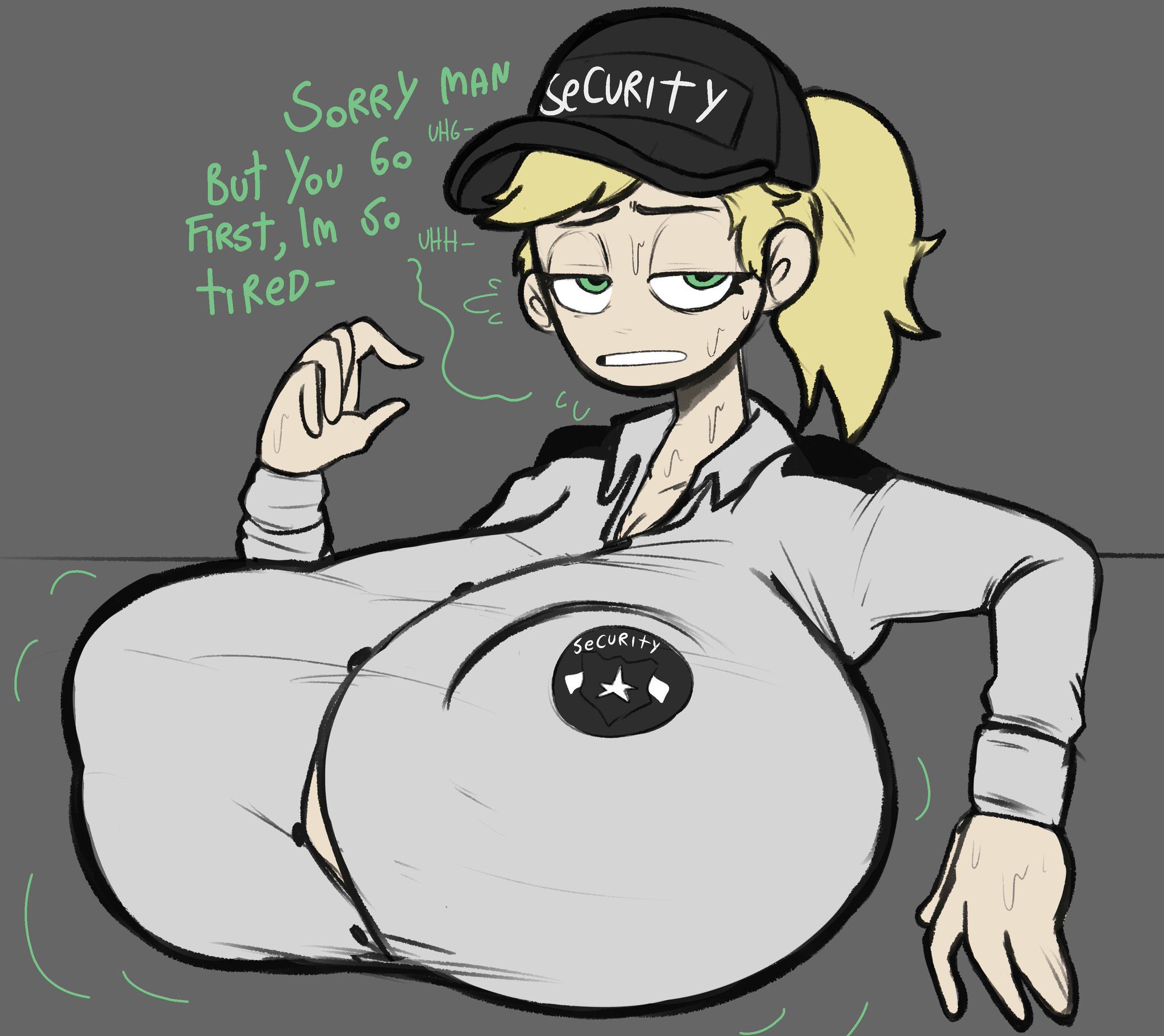 1girls, 2d, 2d (artwork), blonde hair, breasts, breasts bigger than head, bursting breasts, female, five nights at freddy's, green eyes, grey background, half-closed eyes, huge breasts, huge nipples, just coffee, long hair, looking at viewer, nipple bulge, ponytail, puffy nipples, security guard, simple background, solo, sweat, talking to viewer, text, uniform, vanessa (fnaf)