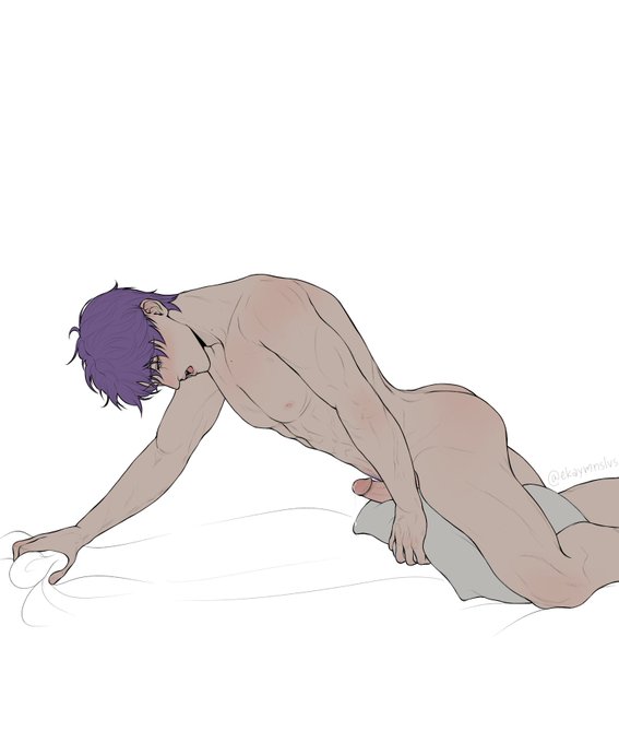 blush blush_lines cum_drip cum_dripping_from_penis ekaymnslvs looking_at_penis love_and_deep_space masturbation moaning open_mouth pillow pillow_humping purple_hair rafayel_(love_and_deep_space) solo_male solo_male