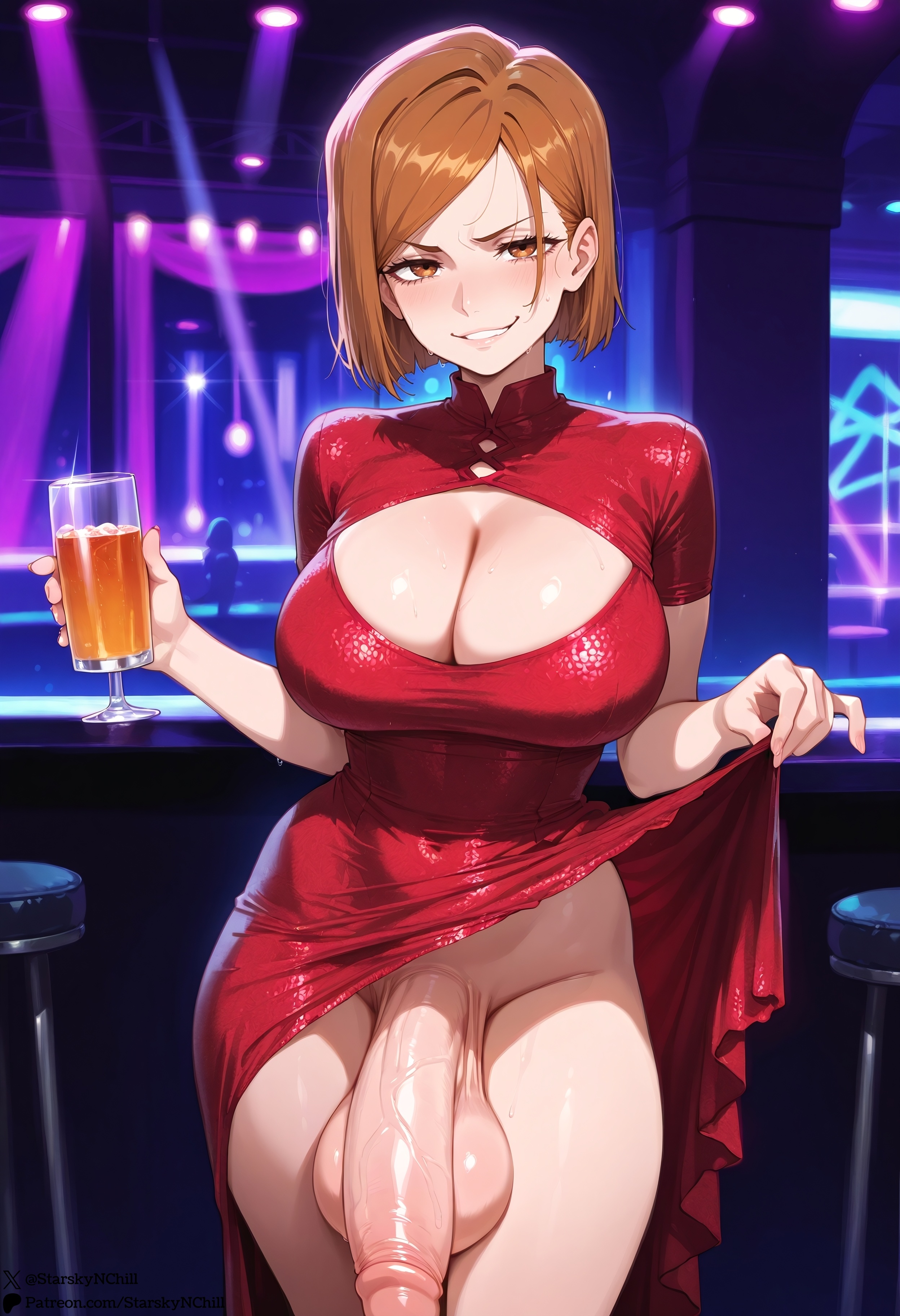 1futa, ai generated, boob window, breasts, cleavage cutout, dress, dress lift, futanari, huge cock, intersex, jujutsu kaisen, kugisaki nobara, large breasts, penis, presenting, self upload, starskyai