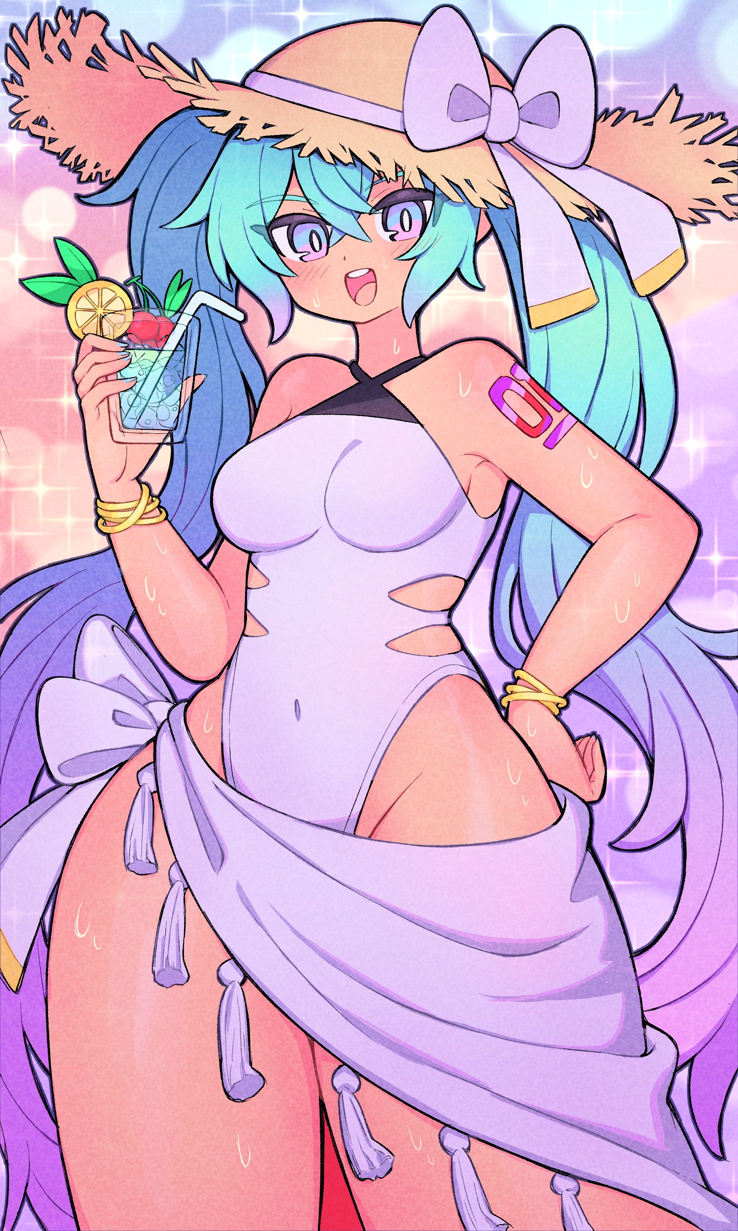 1girl, aqua hair, beach, blue eyes, blue hair, bow, bracelet, breasts, covered navel, cowboy shot, cup, drinking glass, drinking straw, female, female only, food, gradient hair, hair between eyes, hand on hip, hat, hat bow, hatsune miku, holding, holding cup, hotel, jewelry, long hair, looking at viewer, medium breasts, multicolored hair, nishitin, one-piece swimsuit, open mouth, shoulders, smile, solo, straw hat, summer, swimsuit, swimwear, tattoo, teeth, thighs, twintails, upper teeth only, very long hair, white one-piece swimsuit