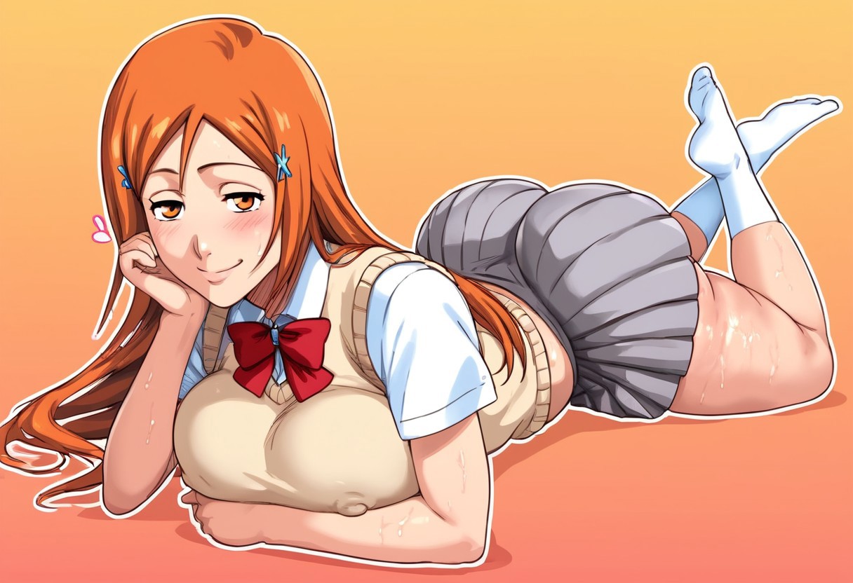 1girls, ai generated, ass, ass focus, big ass, big breasts, big butt, bleach, bowtie, breasts, bubble ass, bubble butt, butt focus, fat ass, fat butt, female, female only, hair ornament, huge ass, huge butt, inoue orihime, large ass, large butt, light skin, light-skinned female, long hair, miniskirt, orange eyes, orange hair, school uniform, skirt, skirt up, smile, solo, stockings, sweaty, sweaty ass, sweaty butt, thick, thick ass, thick butt, thick thighs, voluptuous, voluptuous female, white shirt, zeca997