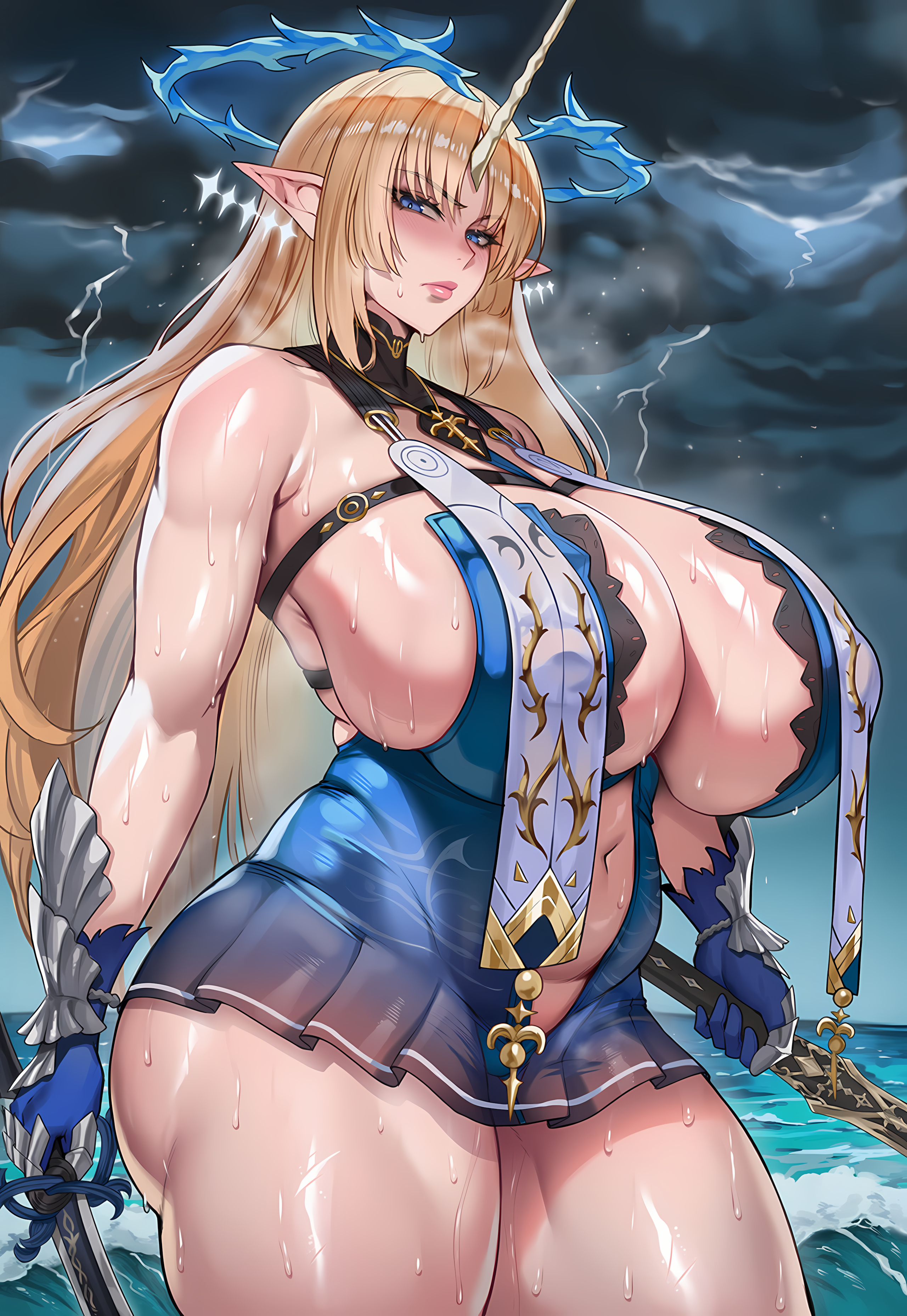 1girls, ai generated, ass, belly, blonde female, blonde hair, blonde-haired female, blue eyes, bracelet, breasts, cartethyia (wuthering waves), crown, curvy, elf, elf ears, elf female, female, fleurdelys (wuthering waves), gloves, horn, jewelry, large ass, large breasts, looking at viewer, pointy ears, revealing clothes, solo, sweat, sweaty, sword, thick ass, thick thighs, tummy, voluptuous, wuthering waves, zenndiagram