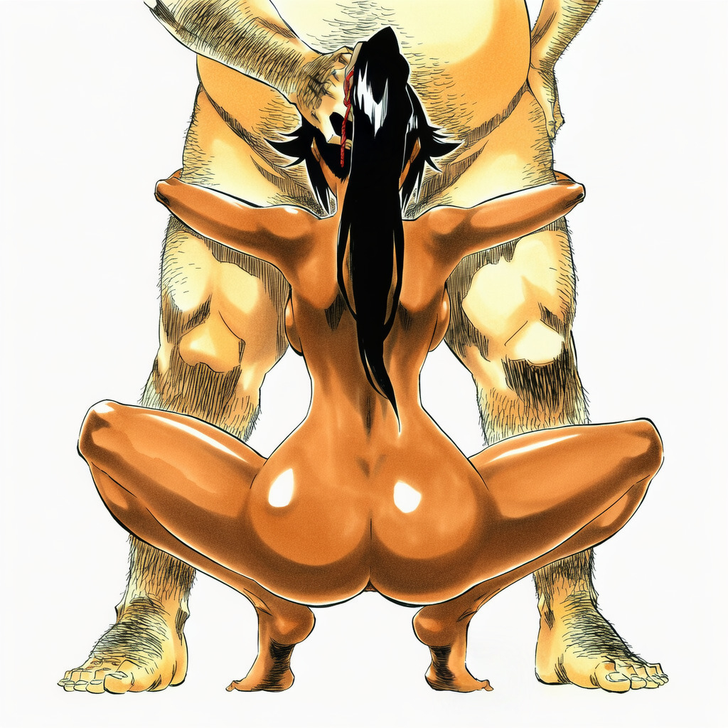 1:1, 1boy, 1girls, accurate art style, accurate body type, ai generated, arm hair, arms around legs, arms up, ass, back, back view, backboob, bare arms, bare ass, bare back, bare legs, bare shoulders, bare thighs, barefoot, bent knees, between legs, black hair, bleach, breasts, busty, cel shading, completely nude, curvaceous, curvy female, dark skin, dark-skinned female, dimples of venus, facing another, facing away, fat belly, fat male, feet, feet apart, fellatio, female, from behind, full body, grabbing, grabbing another's hair, hairy, hairy male, hand on, hand on another's head, hand on another's thigh, hand on head, hand on leg, hand on thigh, head grab, hetero, high resolution, highres, holding another's head, holding head, hugging legs, implied fellatio, implied oral, irrumatio, large breasts, larger male, leg hair, leg hold, leg hug, legs, light skin, light-skinned male, line art, long hair, male, male/female, manga style, mature, mature female, mature male, medium breasts, nude, nude female, nude male, obese, obese male, oomaeda marechiyo, oral, overweight, overweight male, partial male, ponytail, pussy, rear view, shihouin yoruichi, shinigami, shiny, shiny hair, shiny skin, simple background, soles, spread legs, squat, squatting, straight, straight sex, thighs, tied hair, tiptoes, tite kubo style, toes, ugly man, unseen male face, vagina, viewed from behind, white background, wide hips