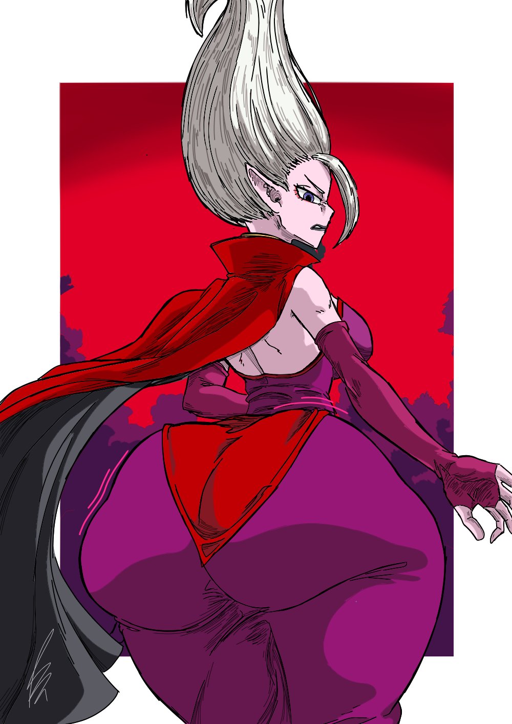 angry angry_expression angry_eyes angry_face annoyed annoyed_expression bendraws big_ass big_butt cape clothed clothing crossed_arms demon demon_girl doctor dr._arinsu dragon_ball dragon_ball_daima fat_ass fat_butt full_body fully_clothed looking_back purple_body purple_skin scientist unique_hair white_hair wide_hips