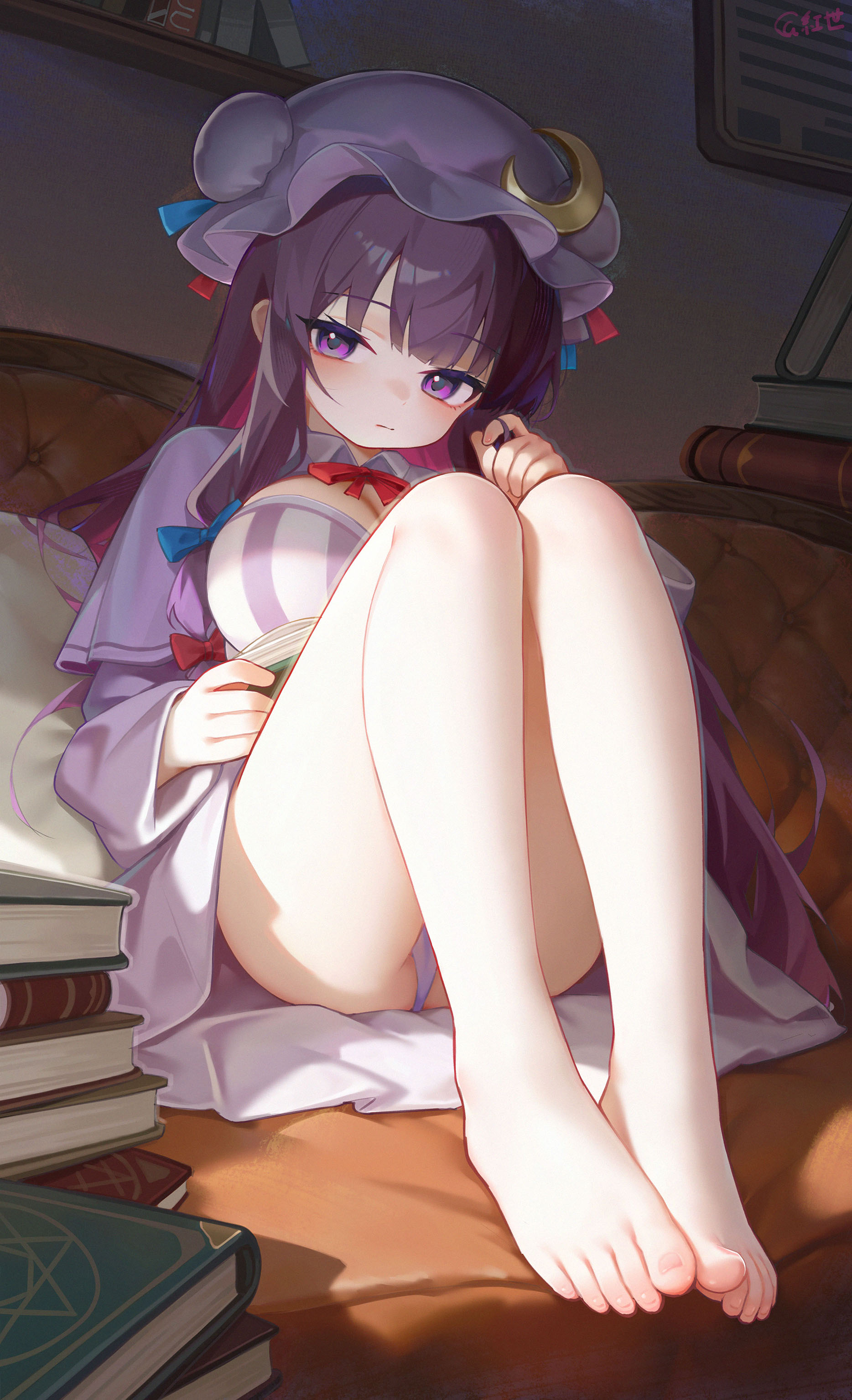 1girls, absurd res, ass, big breasts, big toes rise, book, breasts, feet, feet focus, female, hongshi (13234456009), knees up, panties, patchouli knowledge, thick thighs, thighs, touhou