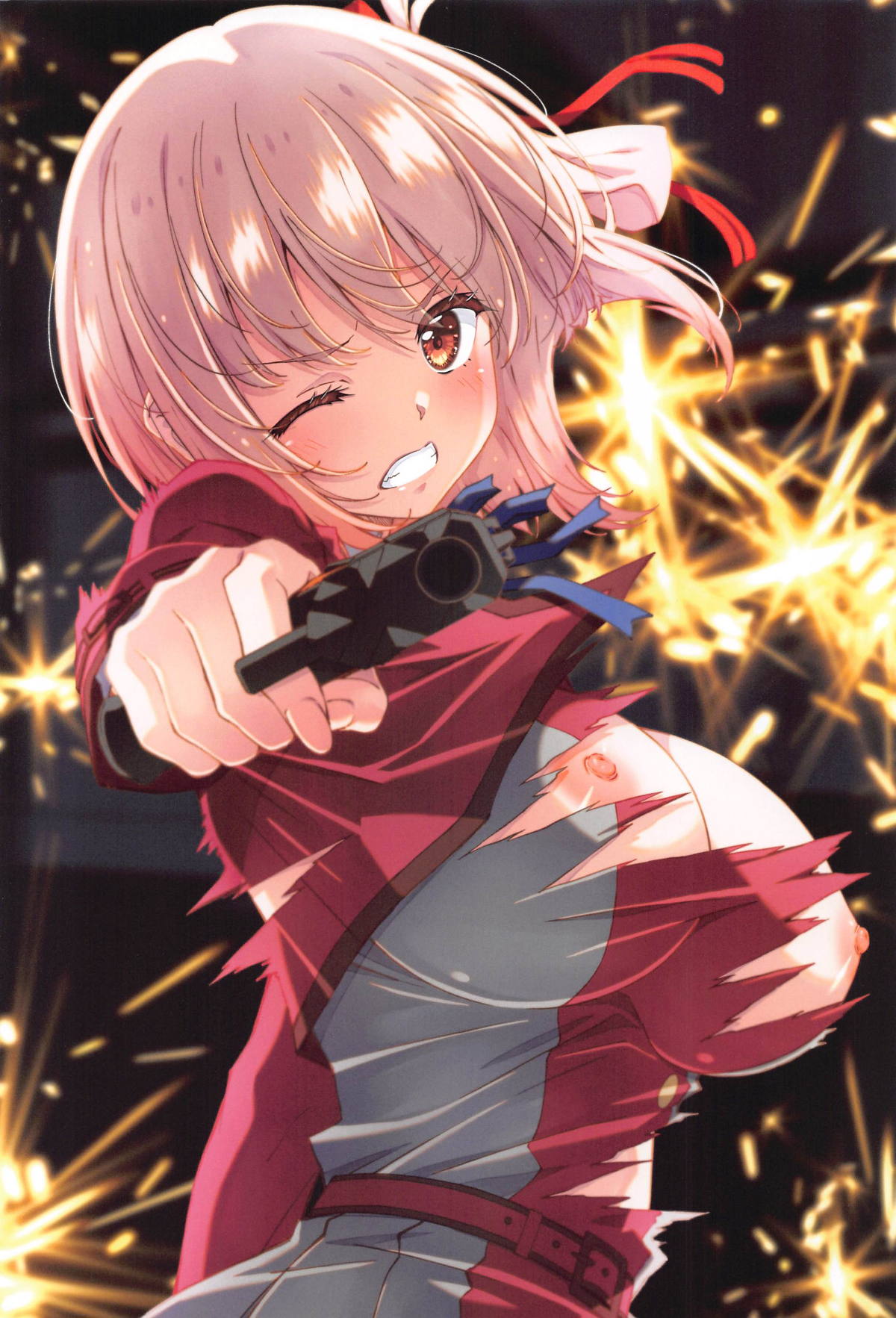 aiming aiming_at_viewer blonde_hair blush breasts clenched_teeth female gun hair_ribbon handgun highres izumi_mahiru large_breasts looking_at_viewer lycoris_recoil lycoris_uniform nipples nishikigi_chisato no_bra non-web_source one_eye_closed orange_eyes ribbon school_uniform short_hair solo teeth torn_clothes weapon