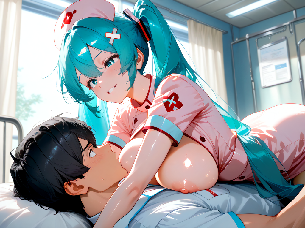 1boy 1girls ai_generated big_breasts exposed_breasts hatsune_miku hospital laying_on_bed nurse nurse_cap nurse_uniform tagme vocaloid