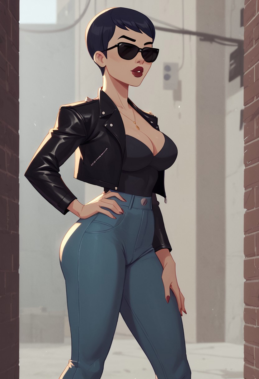 1girls ai_generated alley alleyway black_jacket breasts breasts carmen_sandiego_(2019) carmen_sandiego_(franchise) cleavage female female female_focus female_only glasses jacket julia_argent julia_argent_(carmen_sandiego) leather_clothing leather_jacket leather_topwear pants short_hair solo solo_female solo_focus sunglasses zupern0va_(manipper)