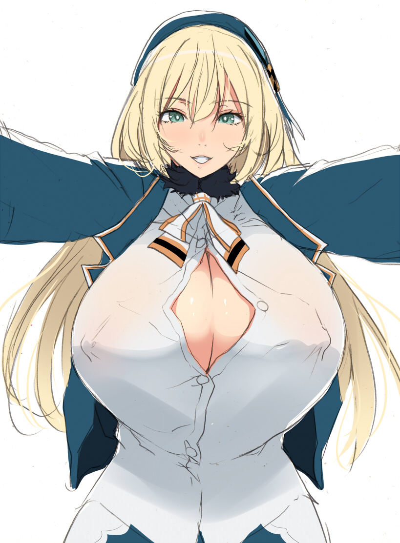 atago_(kantai_collection) blonde_hair blue_eyes breasts bursting_breasts erect_nipples female female foreshortening gigantic_breasts grin hat huge_breasts kantai_collection kloah long_hair looking_at_viewer nipples pov ribbon smile solo