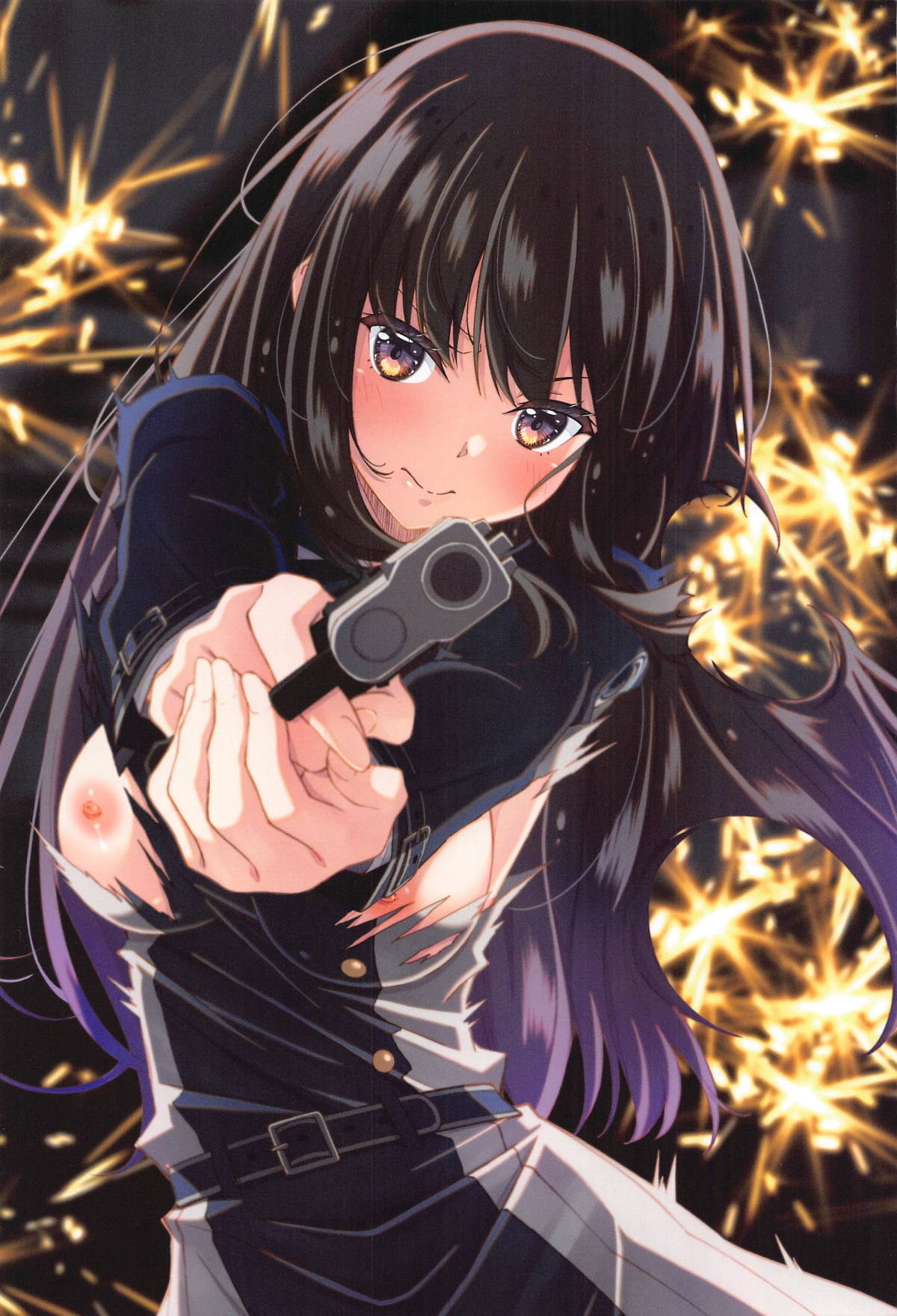 aiming aiming_at_viewer black_hair blush breasts brown_eyes closed_mouth female gun highres inoue_takina izumi_mahiru large_breasts long_hair looking_at_viewer lycoris_recoil lycoris_uniform nipples no_bra non-web_source school_uniform solo torn_clothes weapon