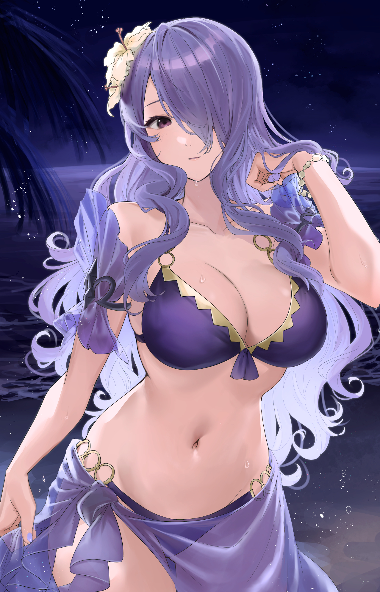 1girls, adjusting hair, alternate costume, bare midriff, bare shoulders, beach, beautiful, belly, bikini, bracelet, breasts, camilla (fire emblem), casual confidence, child bearing hips, cleavage, cowboy shot, elegant, female, female only, fire emblem, fire emblem fates, fire emblem heroes, flower, flower in hair, hair flower, hair ornament, hair over one eye, hand in hair, hand up, happy, haru (nakajou-28), highres, hourglass figure, human, human only, large breasts, long hair, looking at viewer, mature, mature female, mature woman, midriff, navel, night, nighttime, nintendo, official alternate costume, on beach, one eye covered, one eye obstructed, pose, posing, purple bikini, purple eyes, purple hair, purple swimsuit, sarong, see-through, smile, smiling, solo, solo female, standing, stomach, swimsuit, very long hair, white flower, wholesome