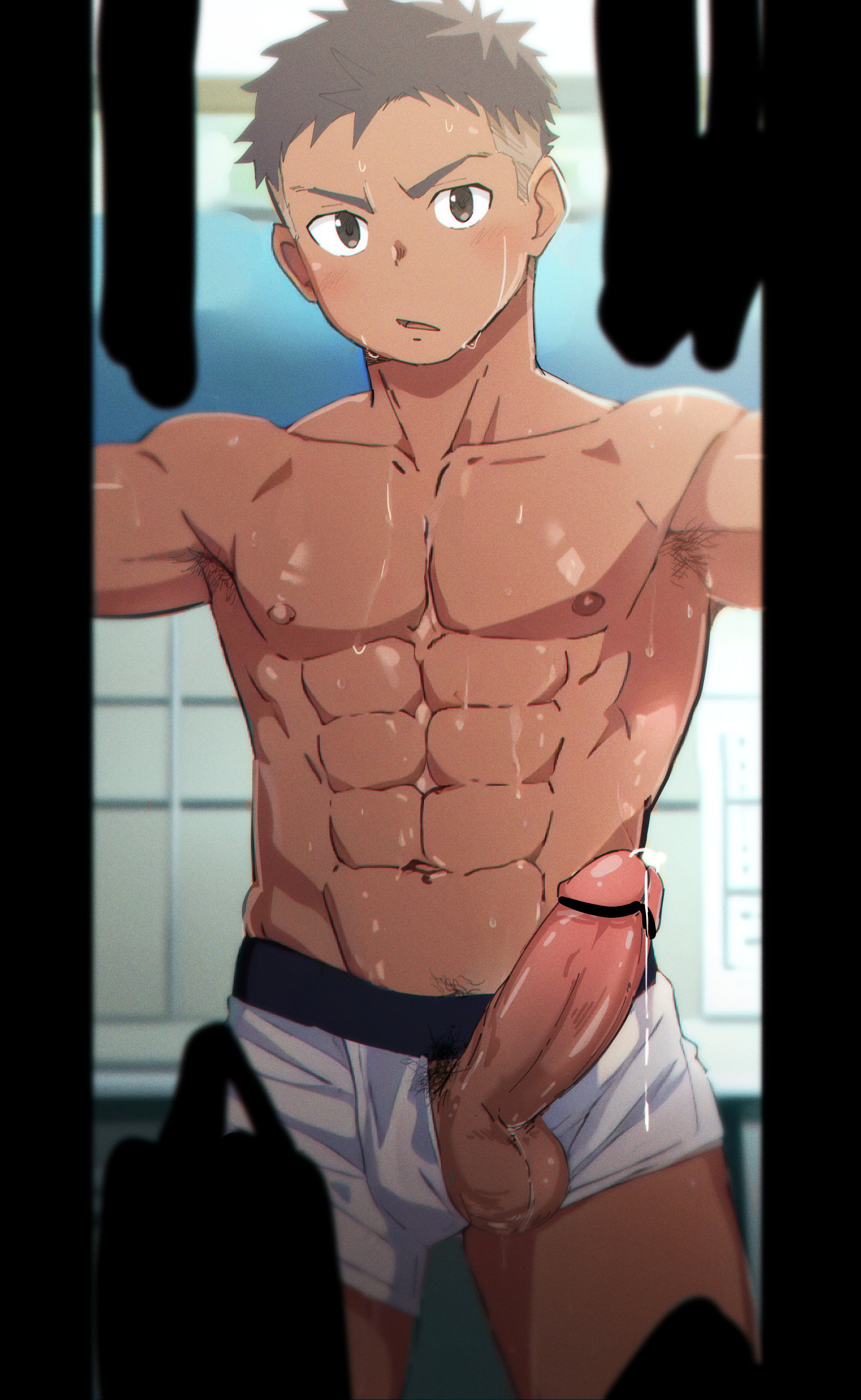 abs, balls, big balls, big breasts, big penis, blush, breasts, briefs, briefs only, gay, gay male, hidden, leeksaltboy, male, male only, penis, penis through underwear, precum, precum drip, sweat, sweatdrop, sweating, toned, underwear, yaoi