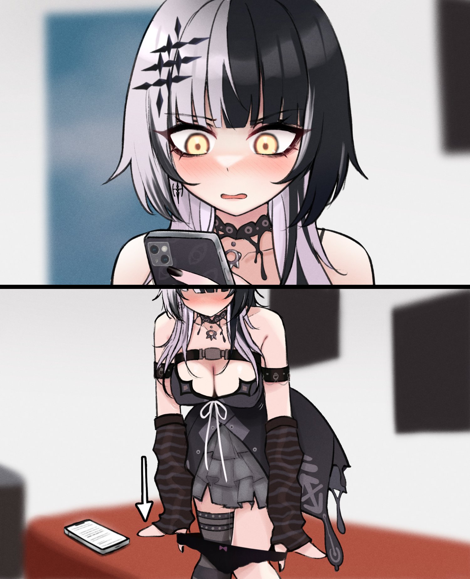 1girls, 2koma, aroused, arrow (symbol), black choker, black dress, black hair, black nails, black panties, blush, breasts, cellphone, choker, cleavage, clothing, comic, dress, female, female pervert, fur trim, highres, hololive, hololive english, hololive english -advent-, imminent masturbation, large breasts, legs together, long hair, looking at phone, looking at viewer, m r b, meme, multicolored hair, nail polish, open mouth, panties, panties down, panty pull, pervert, phone, pussy, pussy juice, pussy juice trail, removing panties, shiori novella, smartphone, smile, solo, split-color hair, two-tone hair, underwear, undressing, virtual youtuber, vtuber, white hair, wide eyed, yellow eyes, youtube