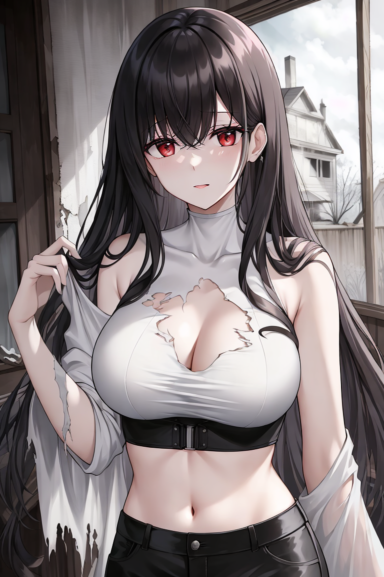 ai_generated black_hair crop_top evelyn_ghostie_(oc) ghost_girl haunted_house oc original original_character pale_skin red_eyes torn_clothes unstable_diffusion