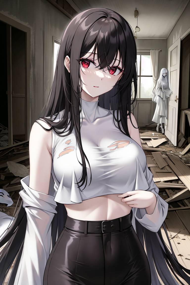 abandoned_house ai_generated black_hair crop_top evelyn_ghostie_(oc) haunted_house long_hair original original_character pale_skin red_eyes torn_clothes unstable_diffusion