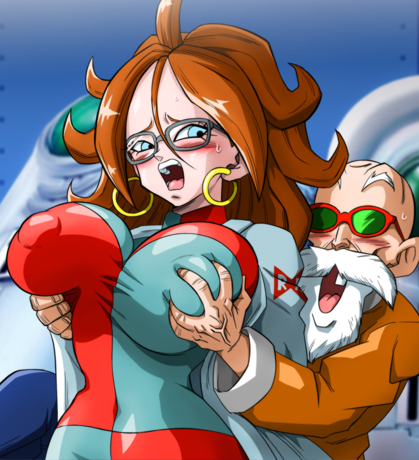 android_21 android_21_(human) big_breasts blue_eyes blush breast_grab brown_hair dragon_ball dragon_ball_fighterz earrings embarrassed erect_nipples_under_clothes erection female fondling_breast kame_paradise_3 labcoat master_roshi nipples old_man pervert questionable_consent vomi_(dragon_ball) yamamoto_doujin