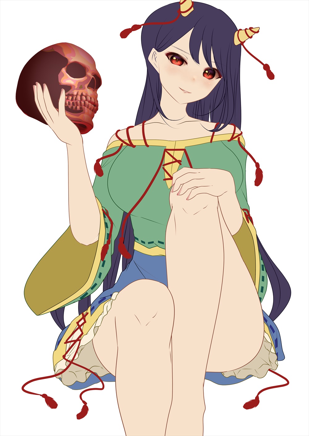 black_hair female green_shirt highres holding holding_skull horns long_hair nippaku_zanmu oni_horns red_eyes shirt shorts shounen_(hogehoge) skull smile solo thighs touhou unfinished_dream_of_all_living_ghost white_background wide_sleeves yellow_horns