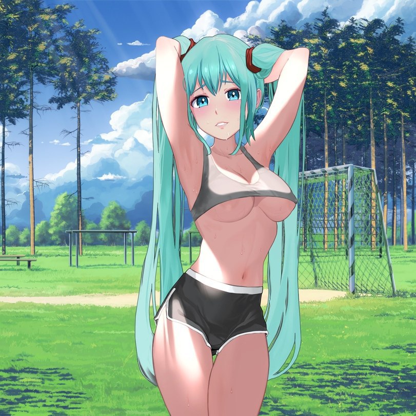 armpits arms_behind_head embarrassed everlasting_summer football_field hatsune_miku masha_(everlasting_summer) sports_bra sports_shorts sportswear vocaloid