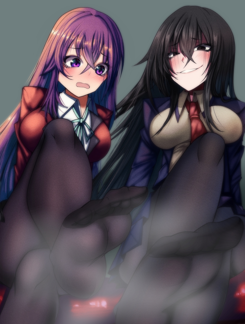 black_eyes black_hair busou_shoujo_machiavellism feet kannazuki_karen kirukiru_amou purple_eyes purple_hair the_fruit_of_evolution