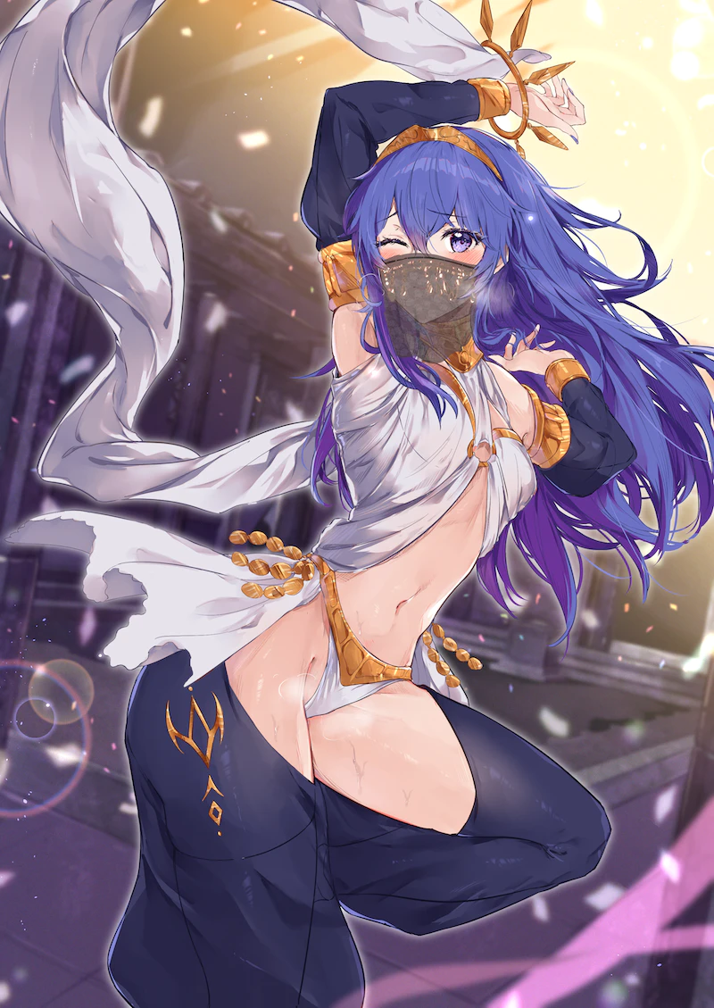 1girls alternate_costume bare_thighs blue_eyes blue_hair breasts cosplay dancer dancing female female_only fire_emblem fire_emblem_awakening inner_thighs looking_at_viewer lucina_(fire_emblem) mouth_veil nintendo olivia_(fire_emblem)_(cosplay) panties see-through small_breasts solo thighhighs thighs tiara underwear veil white_panties yuuri_(orz_commushows)