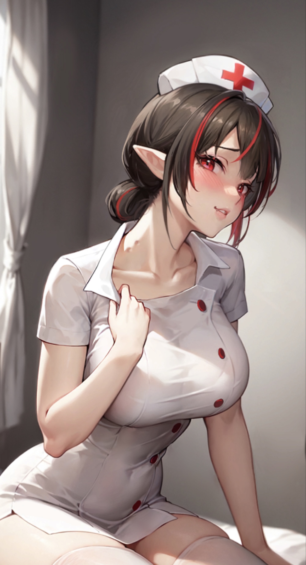 1girls, baity, bite mark, blush, fangs, female, game cg, isekai slow life, looking at viewer, neck bite mark, nurse, nurse uniform, pointy ears, red eyes, vampire