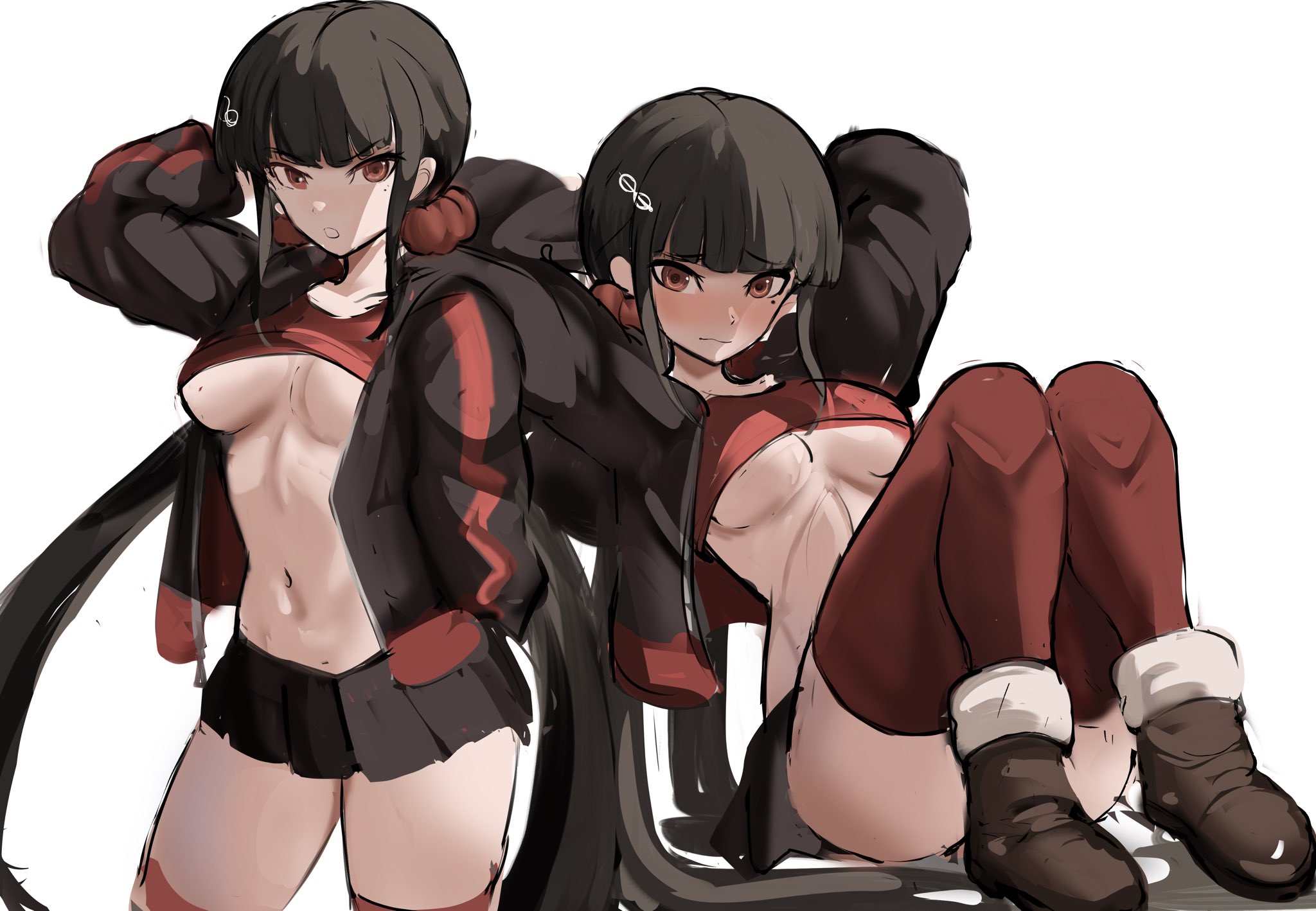 1girls, bangs, big breasts, boots, breasts, brown hair, danganronpa, danganronpa v3, female, hairclip, harukawa maki, jacket, miniskirt, mole, rakeemspoon, red eyes, scrunchie, sitting, solo, solo female, solo focus, stockings