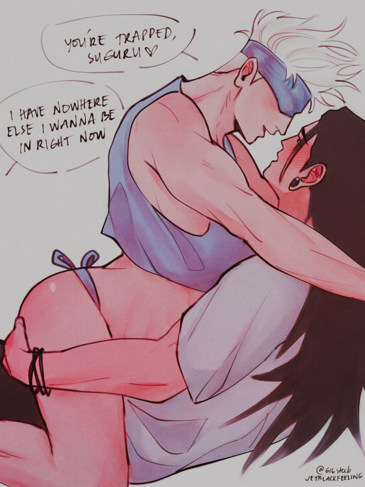 2boys, ass, ass grab, bandage, clothing, color, comic page, cowgirl position, dominant male, english text, female, gay, heart, jujutsu kaisen, male, male/male, muscular, muscular male, satoru gojo, submissive male, suguru geto, yaoi