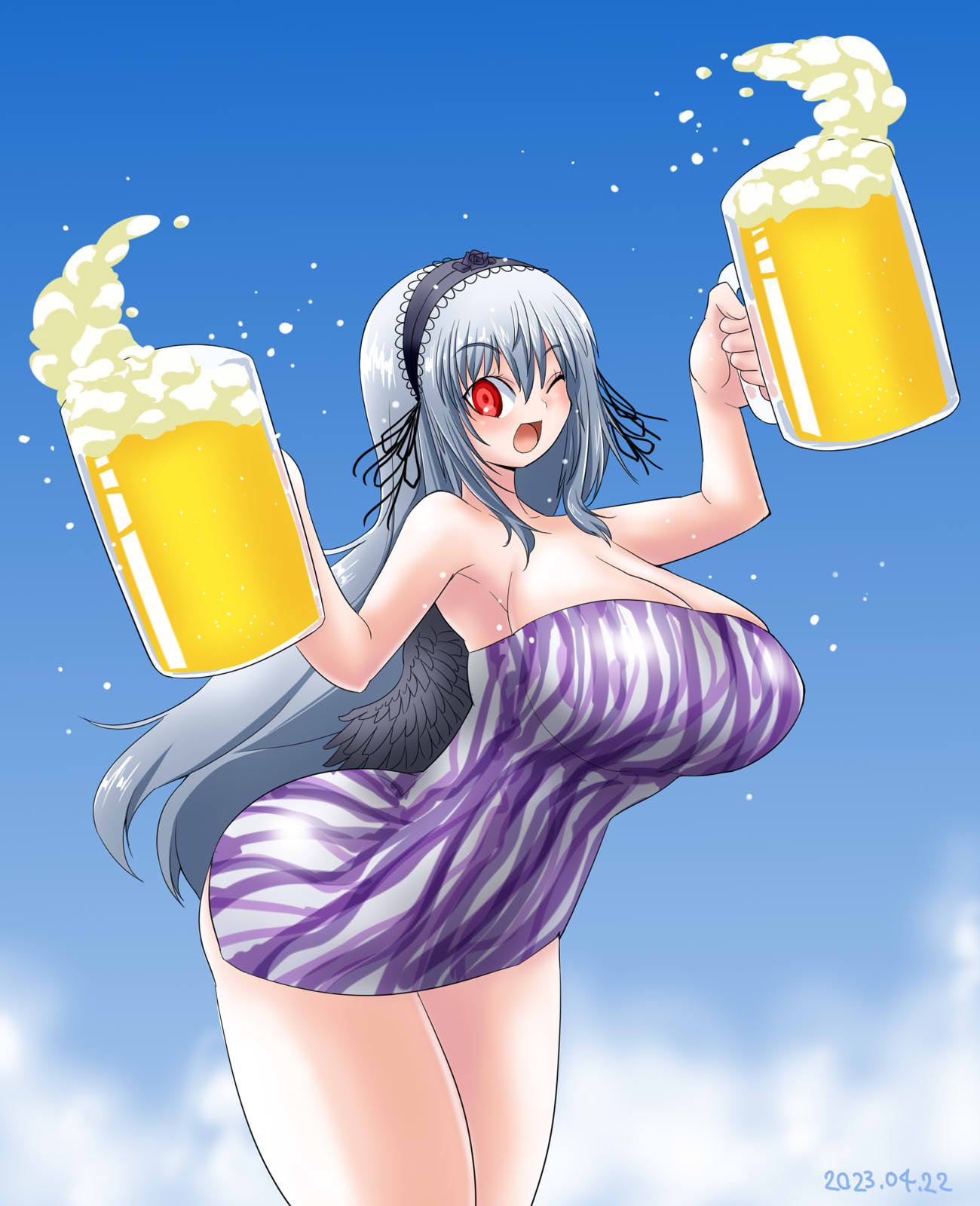 1girls alcohol beer bent_over breasts cleavage female holding_beer huge_breasts itini-sanshi long_hair red_eyes rozen_maiden silver_hair smile solo suigintou thighs wink winking_at_viewer